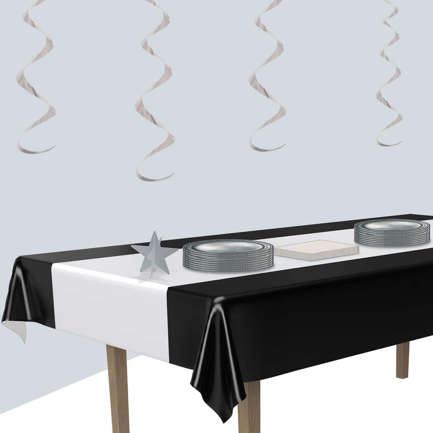 12 Pack Beistle Black and Silver Party Table Covers - Premium Disposable Tablecloths for Birthday, Wedding, and Holiday Decorations