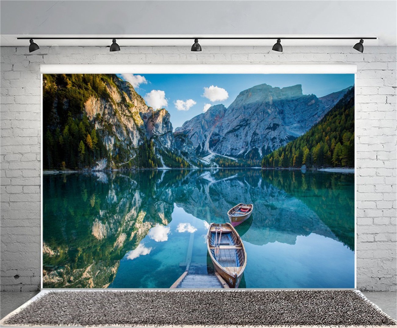 AOFOTO 8x6ft Wooden Boats Alpine Mountain Lake Backdrop - Peaceful Nature Landscape Photography Background for Spring Outdoor Scenery, Summer Vacation Photos, Studio Props, Kid & Adult Portraits, Wallpaper - Perfect for Themed Parties, Baby Showers, and Home Decor