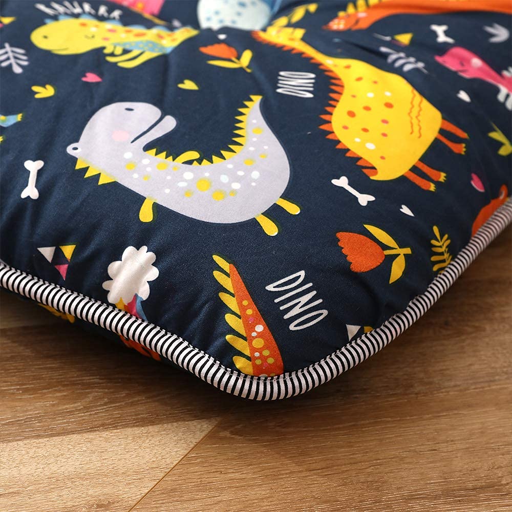 Dinosaur Themed Japanese Floor Futon Mattress for Kids - Thick Tatami Sleeping Pad, Foldable Bed Roll, Floor Lounger for Boys & Girls - Queen Size for Bedroom, Playroom & Sleepovers