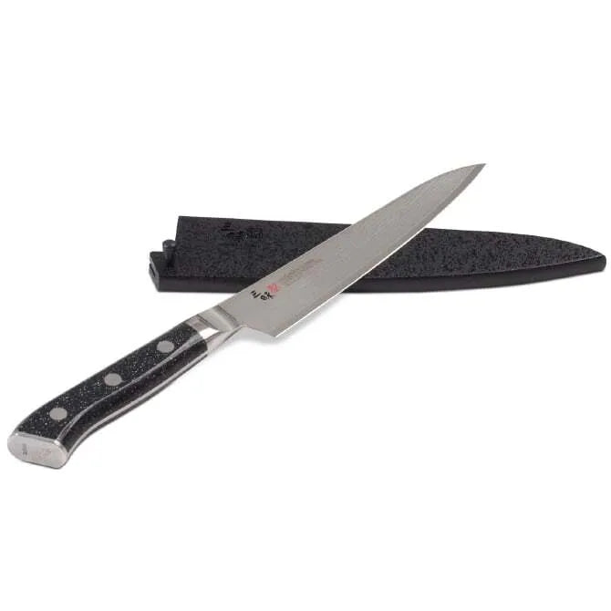 Premium Zanmai Pro Damascus SE Petty Knife 5.9 Inch with Black Lacquer Saya Cover - Perfect for Home Kitchen, Sushi Preparation & Professional Chefs