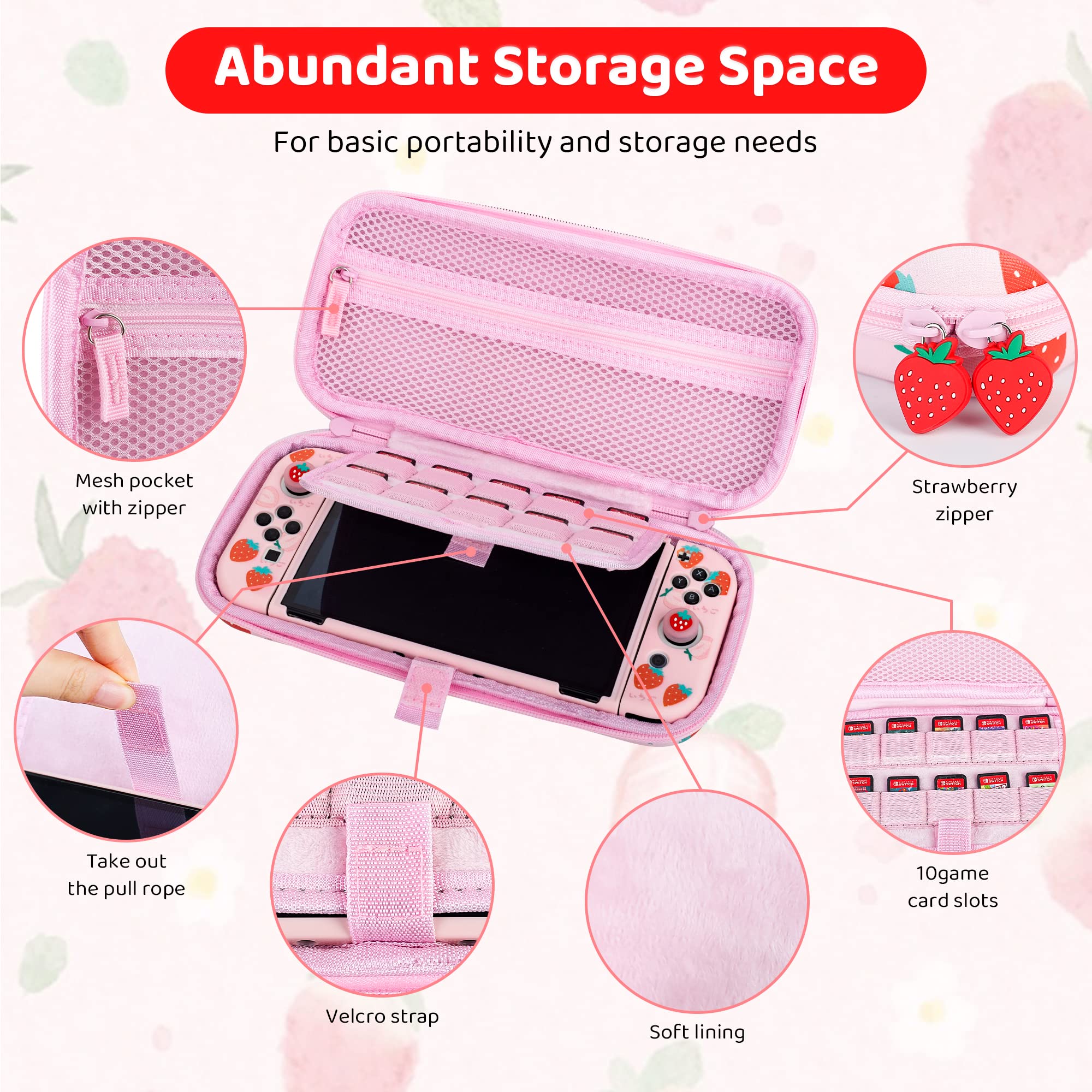 FUNDIARY Pink Strawberry Travel Carrying Case for Nintendo Switch OLED - Shockproof Storage Bag with Soft TPU Protective Case, Screen Protector, Shoulder Strap & 2 Thumb Caps | Portable Gaming Accessories Kit for Travel, Commuting & Outdoor Gaming
