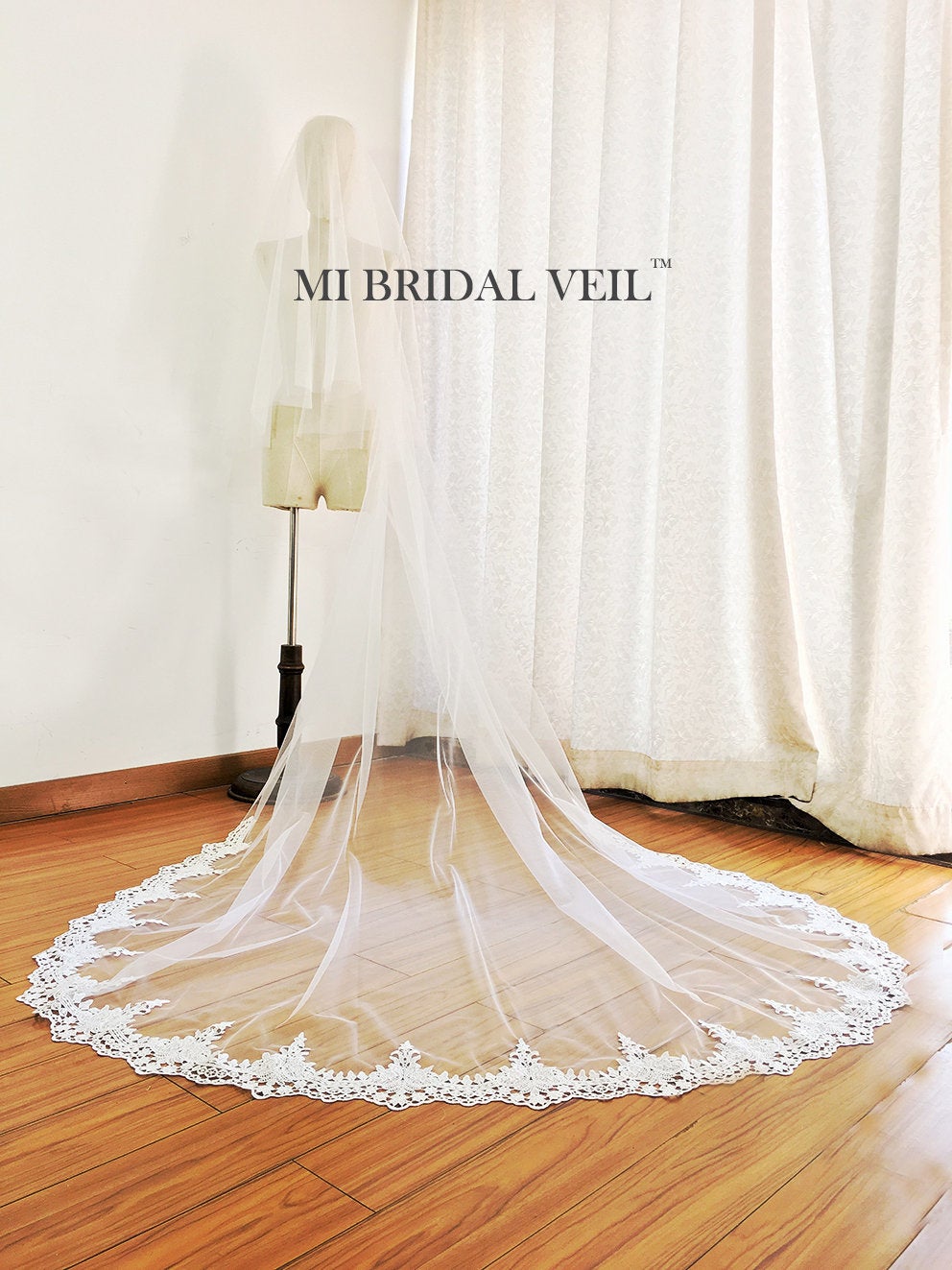Elegant Cathedral Wedding Veil with Blusher | Venice Lace Trim | Mi Bridal Collection | Perfect for Bridal Showers, Church Weddings & Formal Ceremonies