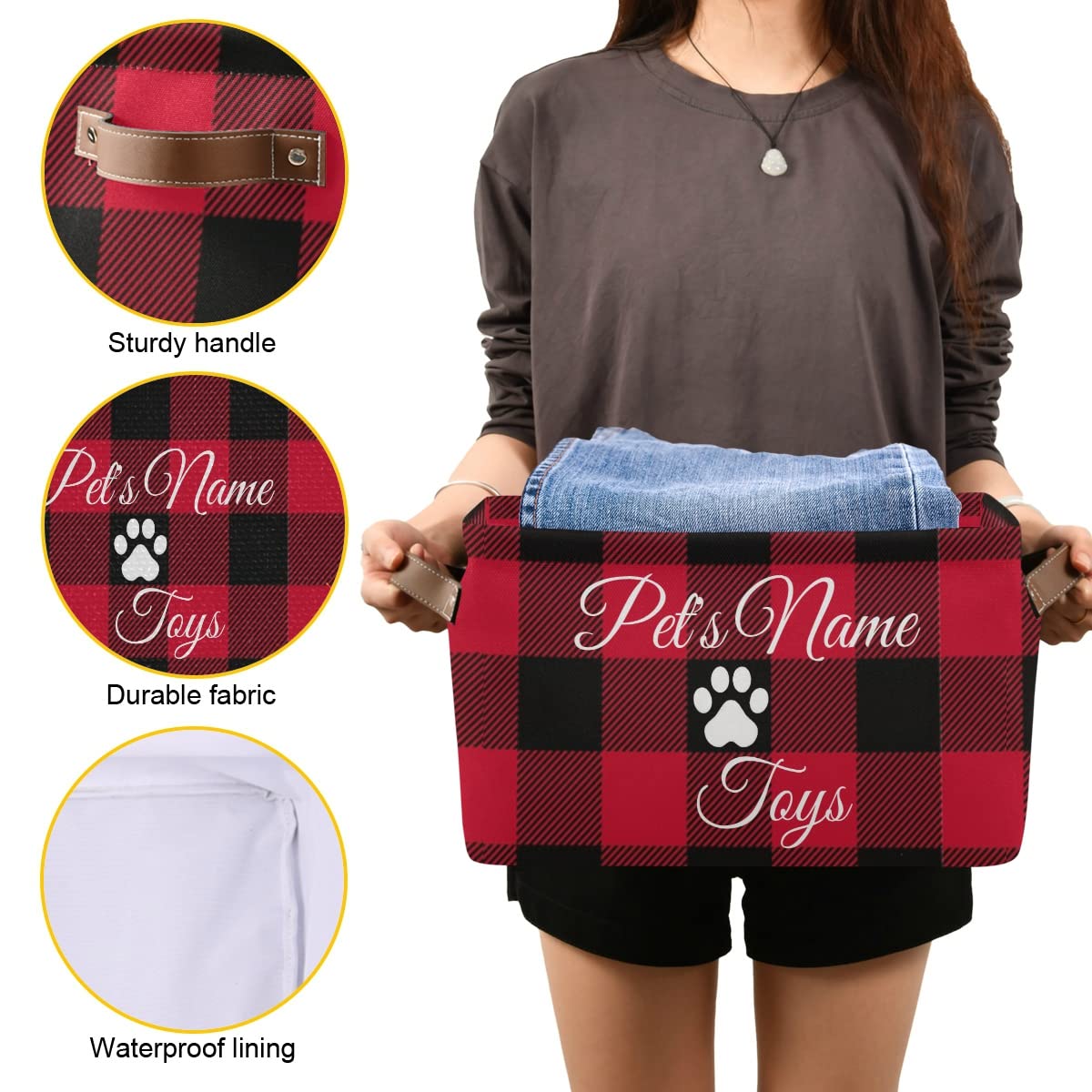 Personalized Buffalo Plaid Dog Toy Basket - Custom Monogram Pet Toy Bin & Storage Organizer for Dogs | Perfect for Pet Playrooms, Living Rooms & Bedrooms