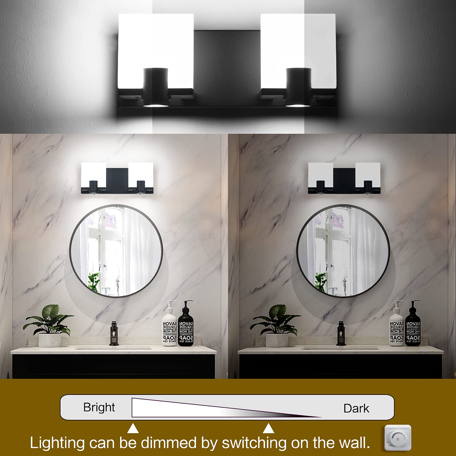 SOLFART Dimmable LED Bathroom Vanity Light Fixtures - Modern 2-Light Black Matte Over Mirror Lighting with Adjustable Spotlights - Perfect for Bathroom, Powder Room & Dressing Area Makeup Lighting