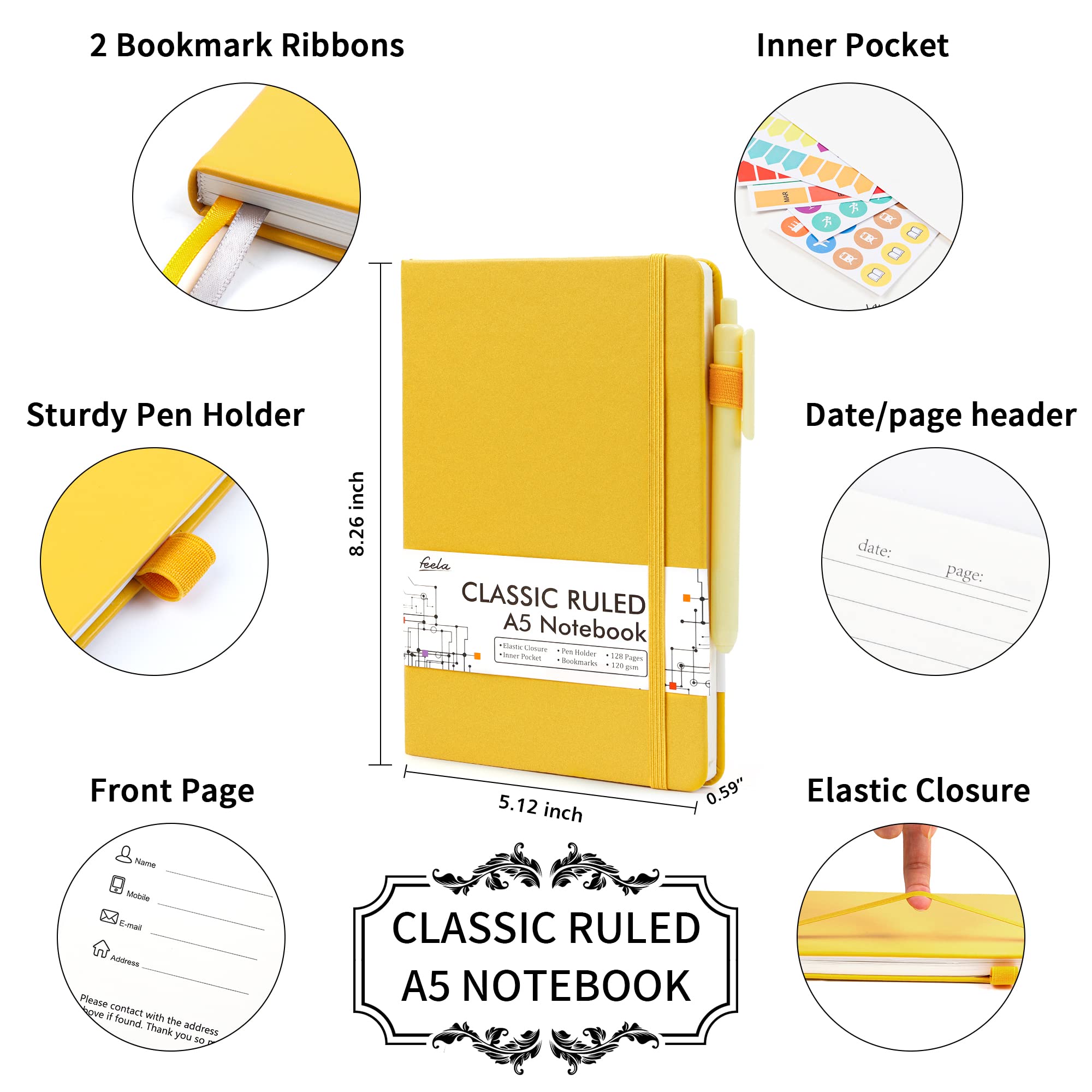 Premium 3-Pack A5 Hardcover Notebooks & Journals with 3 Black Pens - Classic Ruled Lined Writing Notebook Set with Pen Holder, 120 GSM Thick Paper (5.1”x8.3”, Yellow) - Perfect for Office Work, Business Journaling, Note Taking & Gift Giving
