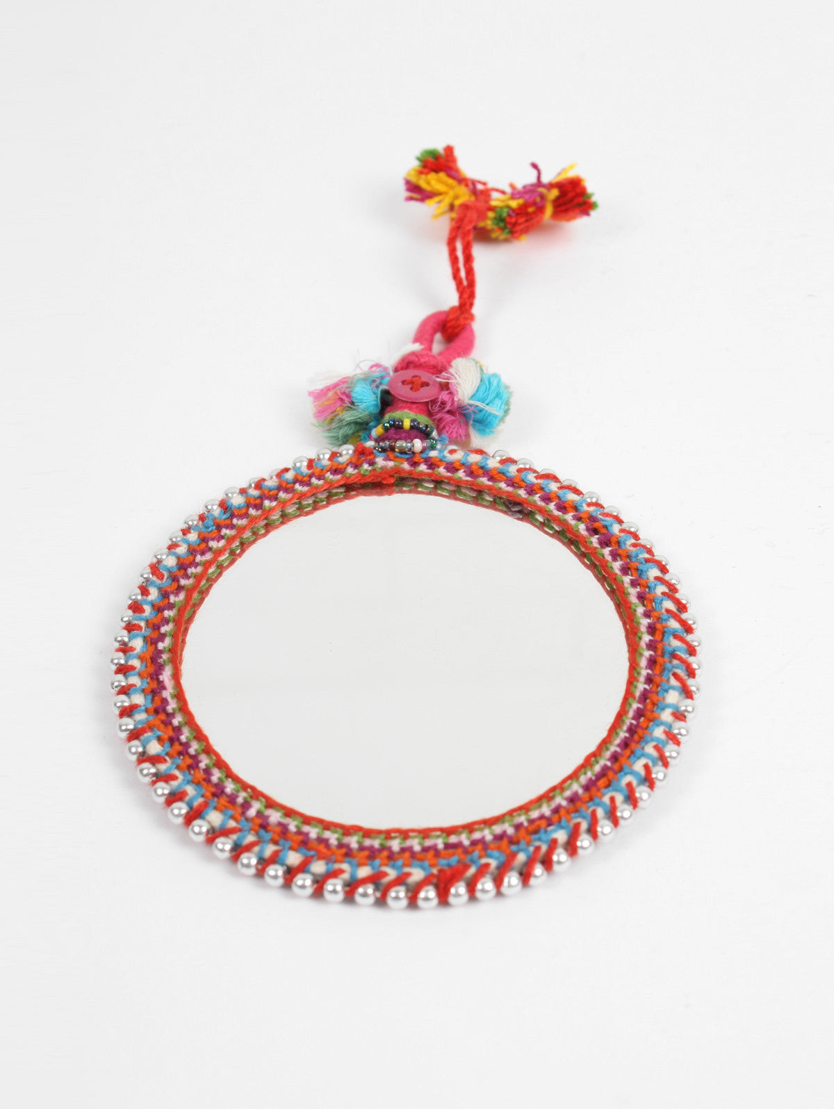 Boho Beaded Wall Mirror - Silver Round Decorative Mirror for Bedroom, Living Room & Boho Home Decor