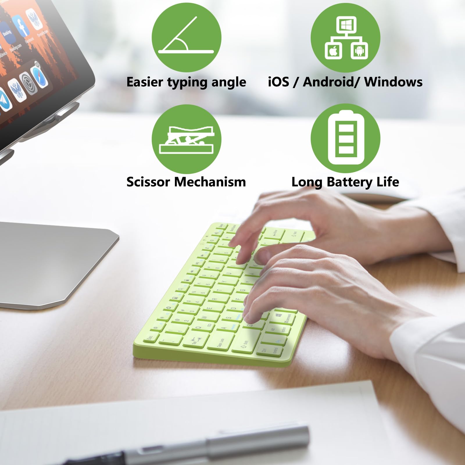 Wireless Bluetooth Keyboard for iPad 10th/9th/8th Gen, iPad Air 5th/4th Gen, iPad Pro 13/12.9/11 inch - Slim Portable Keyboard Compatible with iOS, Android & Windows (Green) - Perfect for Home Office, Travel & Remote Work