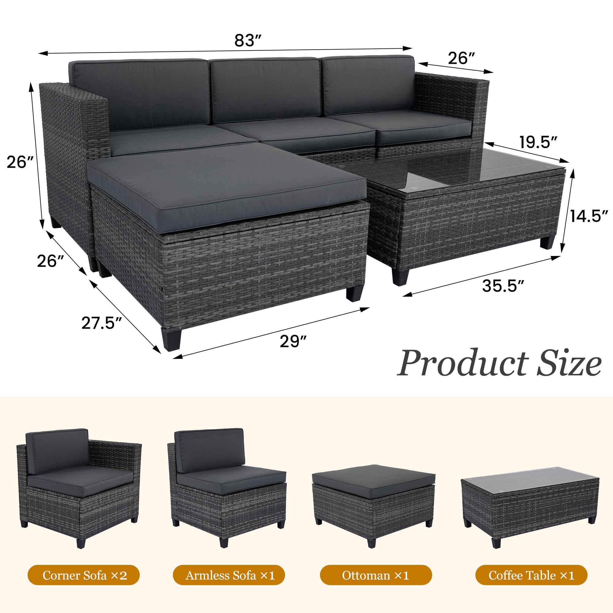 5-Piece Outdoor Patio Sectional Furniture Set - Weather-Resistant Rattan Sofa with Waterproof Cushions - Perfect for Balcony, Porch, Backyard, Deck & Garden (Grey) - Ideal for Entertaining, Relaxing & Outdoor Gatherings