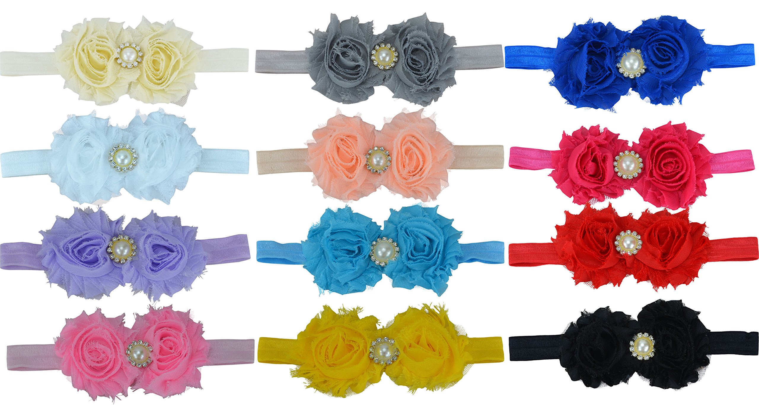 12 Pcs Heymei Baby Girls Hair Bows - Solid Color Chiffon Flower Headbands with Elastic (12 Pure Colors) - Perfect for Birthday Parties, Photo Shoots & Daily Outfits