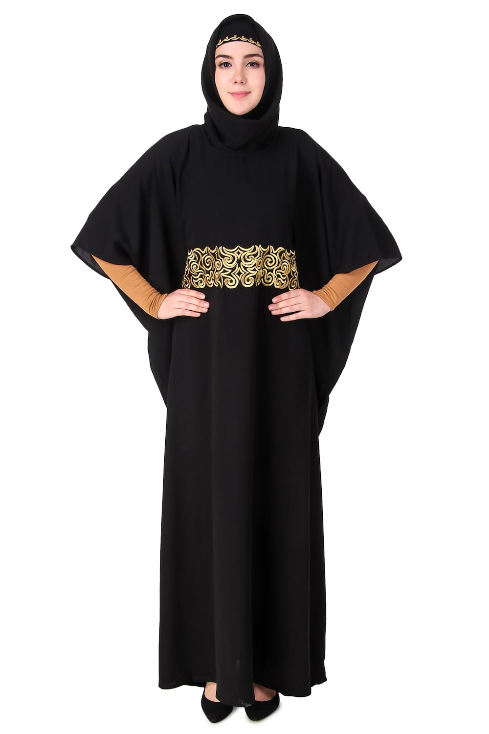 Handmade Gold Embroidered Waist Accent Kaftan Dress - Elegant Beach Cover Up & Boho Chic Homewear for Women