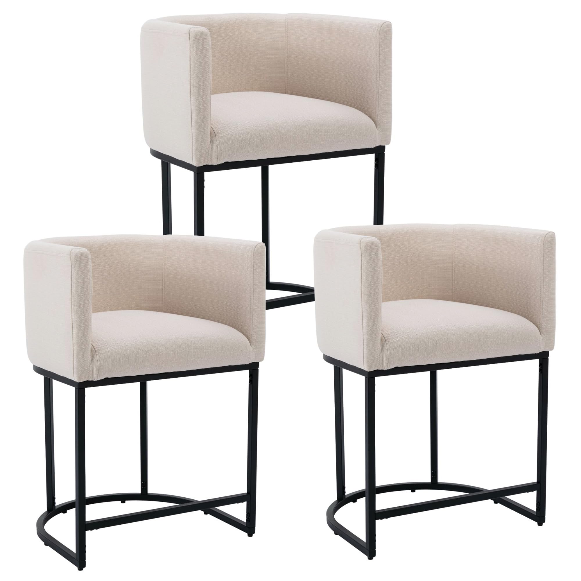 Modern Counter Height Linen Fabric Upholstered Counter Stools Set of 3, 24 Inch Kitchen Island Stools with Black Tubular Metal Frame in Cream - Perfect for Breakfast Bars, Kitchen Islands and Contemporary Dining Areas