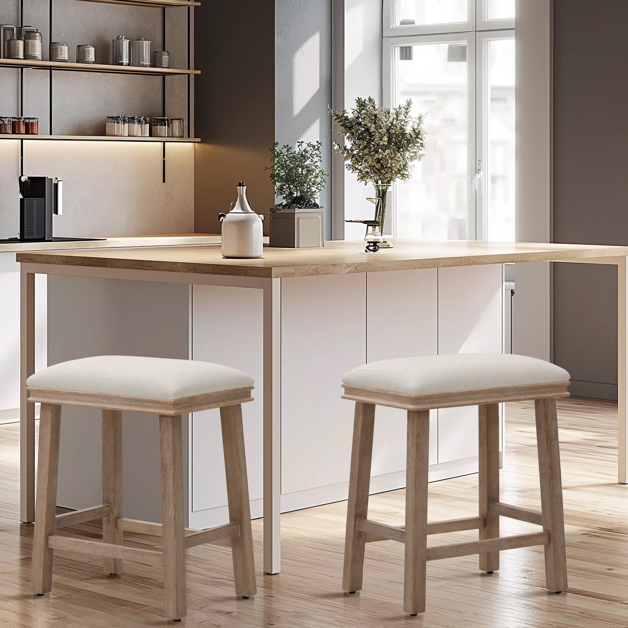MAISON ARTS 24 Inch Counter Height Bar Stools Set of 2 - Solid Wood Legs & Faux Leather Padded Seat - Farmhouse Kitchen Island Stools for 34
