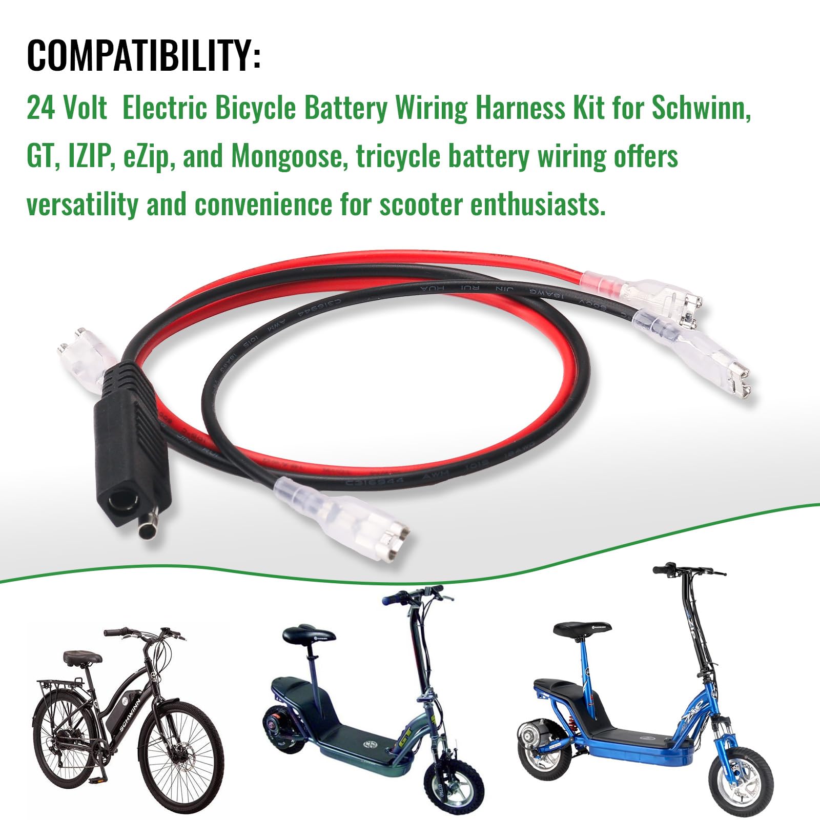 24V Electric Scooter Battery Wiring Harness for eZip GT IZIP Schwinn Mongoose - Insulated 2-Prong Connector Terminal Wire - Perfect for E-Bike Battery Replacement & DIY Scooter Repair