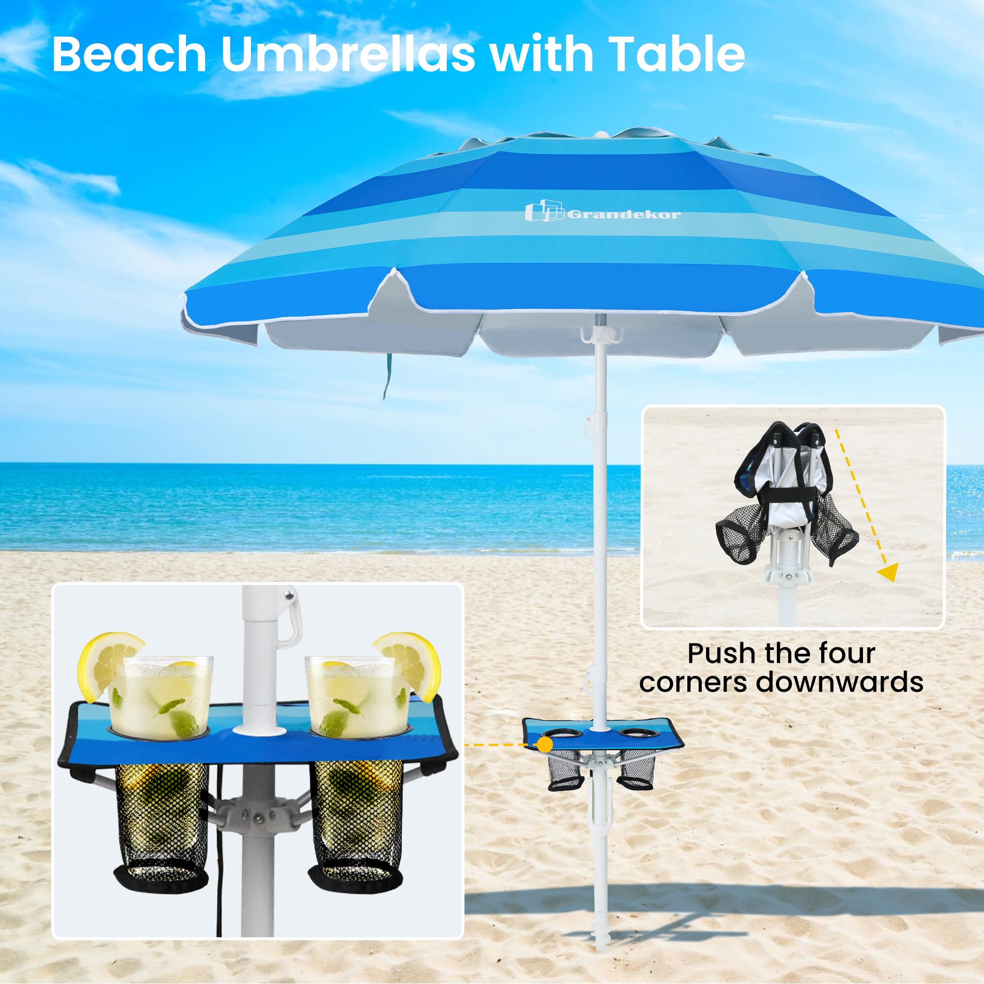Grandekor 7FT Heavy Duty Windproof Beach Umbrella with Sand Anchor, UV 50+ Sun Protection, Portable Travel Umbrella with Carry Bag & Side Table - Perfect for Beach, Pool, Picnics, and Outdoor Adventures