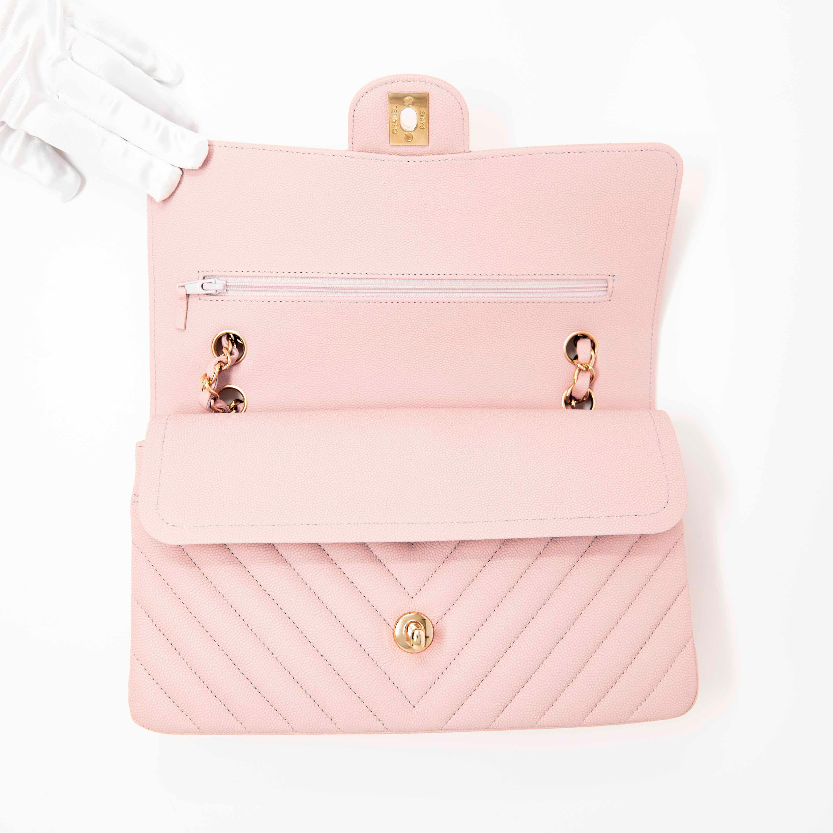 Chanel Pink Chevron Medium Classic Flap Bag - Luxury Quilted Leather Crossbody Purse for Women | Perfect for Date Night, Parties & Special Occasions