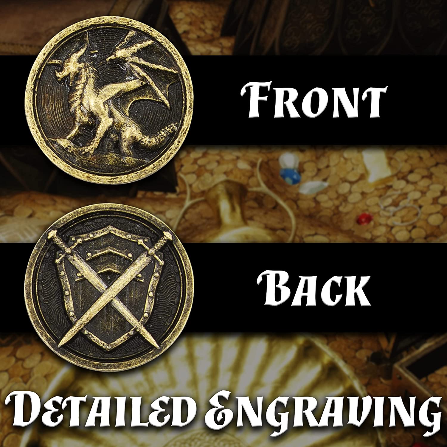 CASEMATIX 100-Piece Metal Coins Set for DND & Tabletop RPG Games - Fantasy Coins with Dragon & Sword Shield Engraving + Carrying Pouch - Perfect for Dungeons & Dragons, Pathfinder, and Board Game Accessories