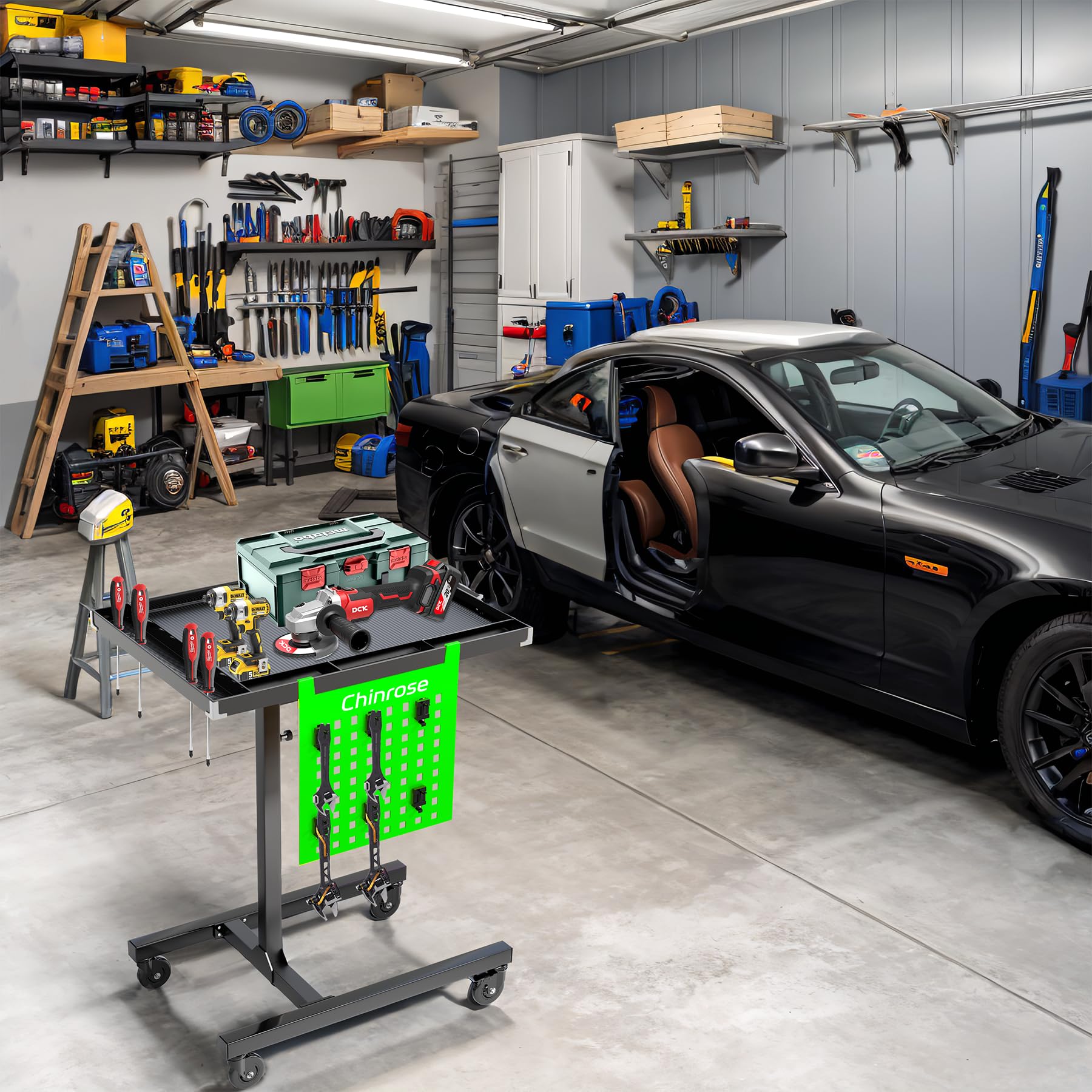 Adjustable Rolling Work Table with Wheels - Mobile Tray Table for Mechanics, Garage, Workshop & DIY Projects | Heavy-Duty Utility Cart for Automotive Repair, Warehouse Organization & Home Improvement