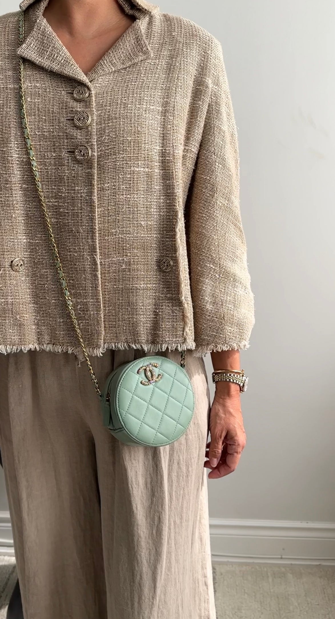 Chanel Mint Green Quilted Leather CC Strass Mini Round Clutch Bag for Women | Luxury Designer Evening Bag for Parties, Weddings & Special Occasions