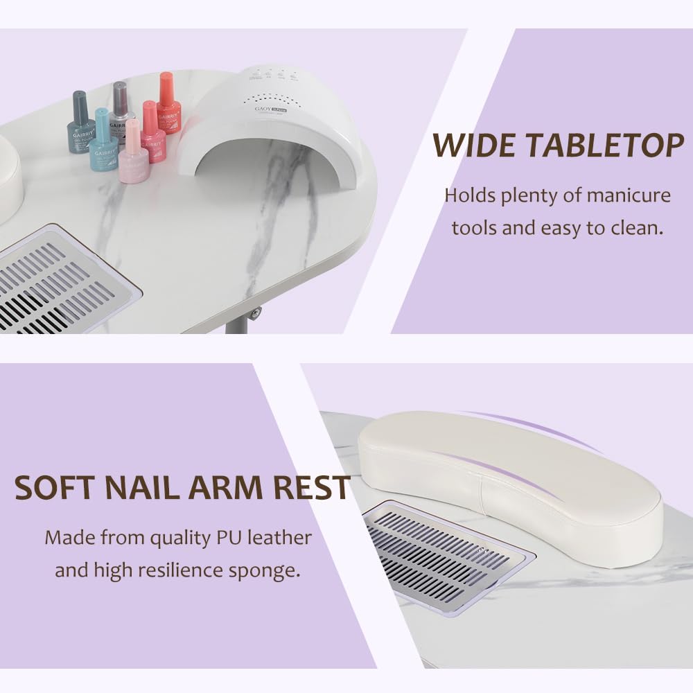 Professional Foldable Nail Tech Table with Charging Station & Dust Collector - Portable Manicure Desk for Salon & Home Use, White Marbled Design with Wrist Pad & 4 Lockable Wheels | Perfect for Nail Technicians, Spa Treatments & Mobile Beauty Services