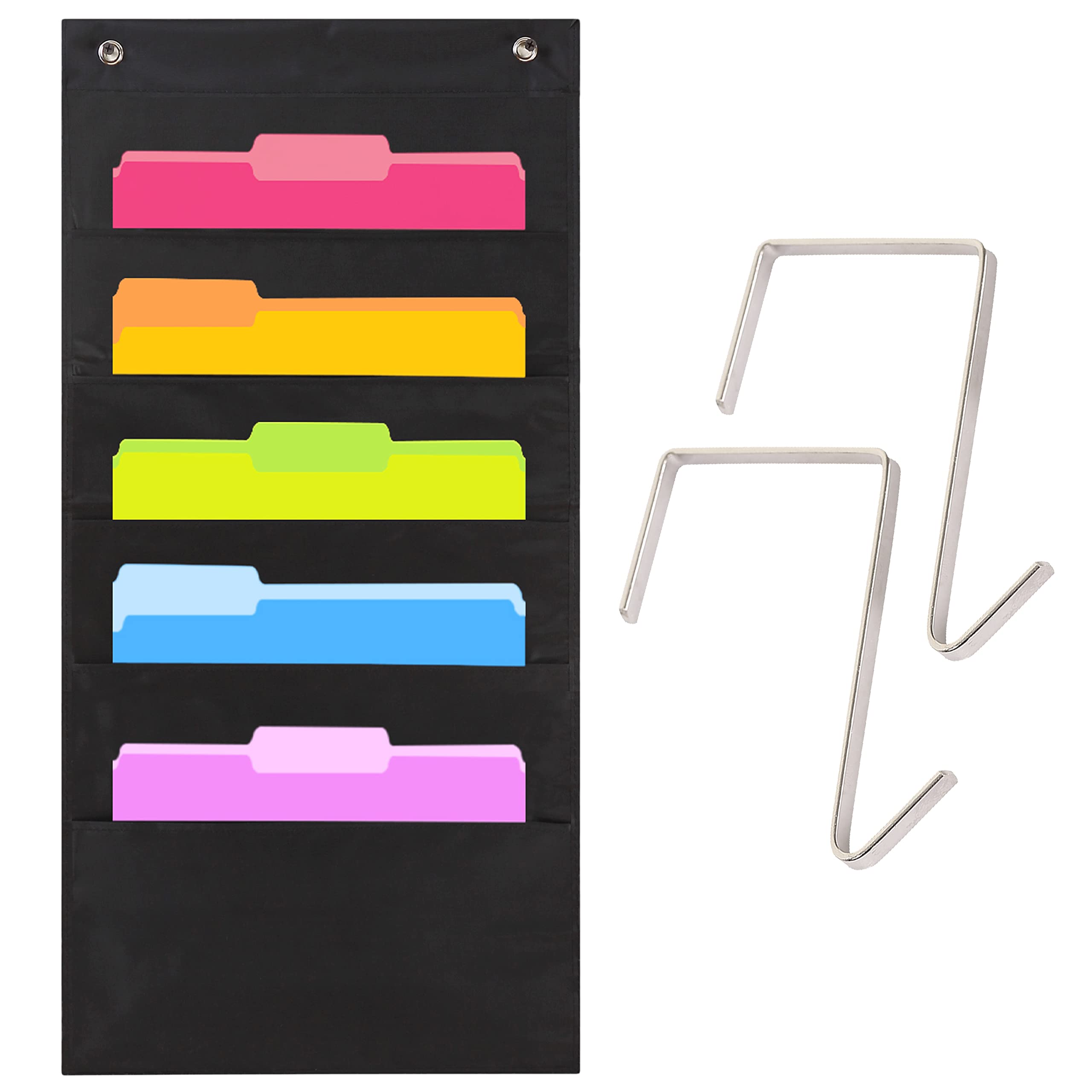 **Hippo Creation Heavy Duty 5-Pocket Storage Organizer with Over-Door Hangers - Hanging Wall File Folder Organizer for Classroom, Home Office, School Mailbox & Paper Storage - Black - Perfect for Teachers, Students & Home Organization**