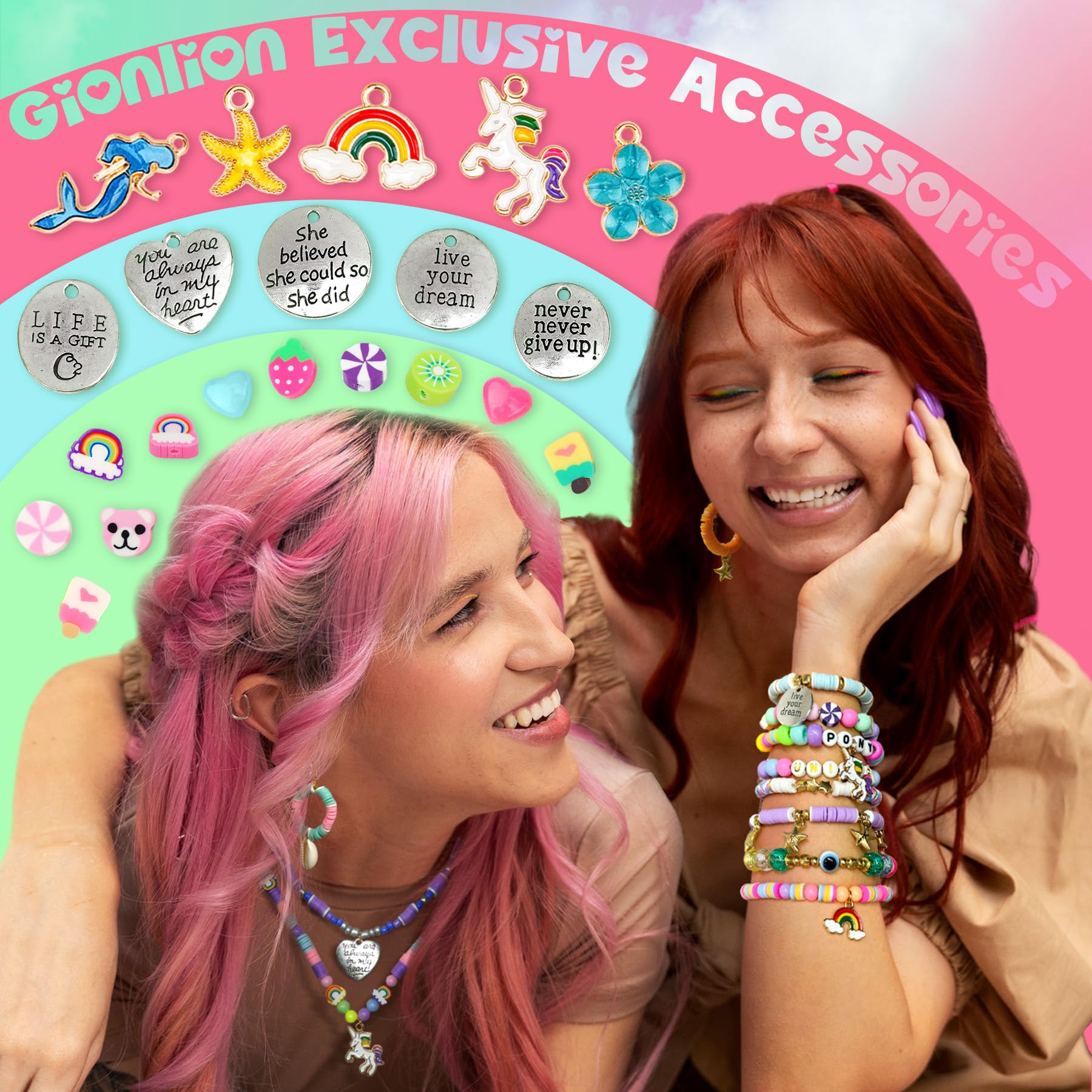 Gionlion DIY Bracelet Making Kit for Girls - Unicorn & Mermaid Charms Jewelry Supplies, Easter Basket Stuffers, Arts and Crafts Gift for Kids Age 6-13 - Perfect for Birthday Parties, Easter Gifts & Creative Playtime