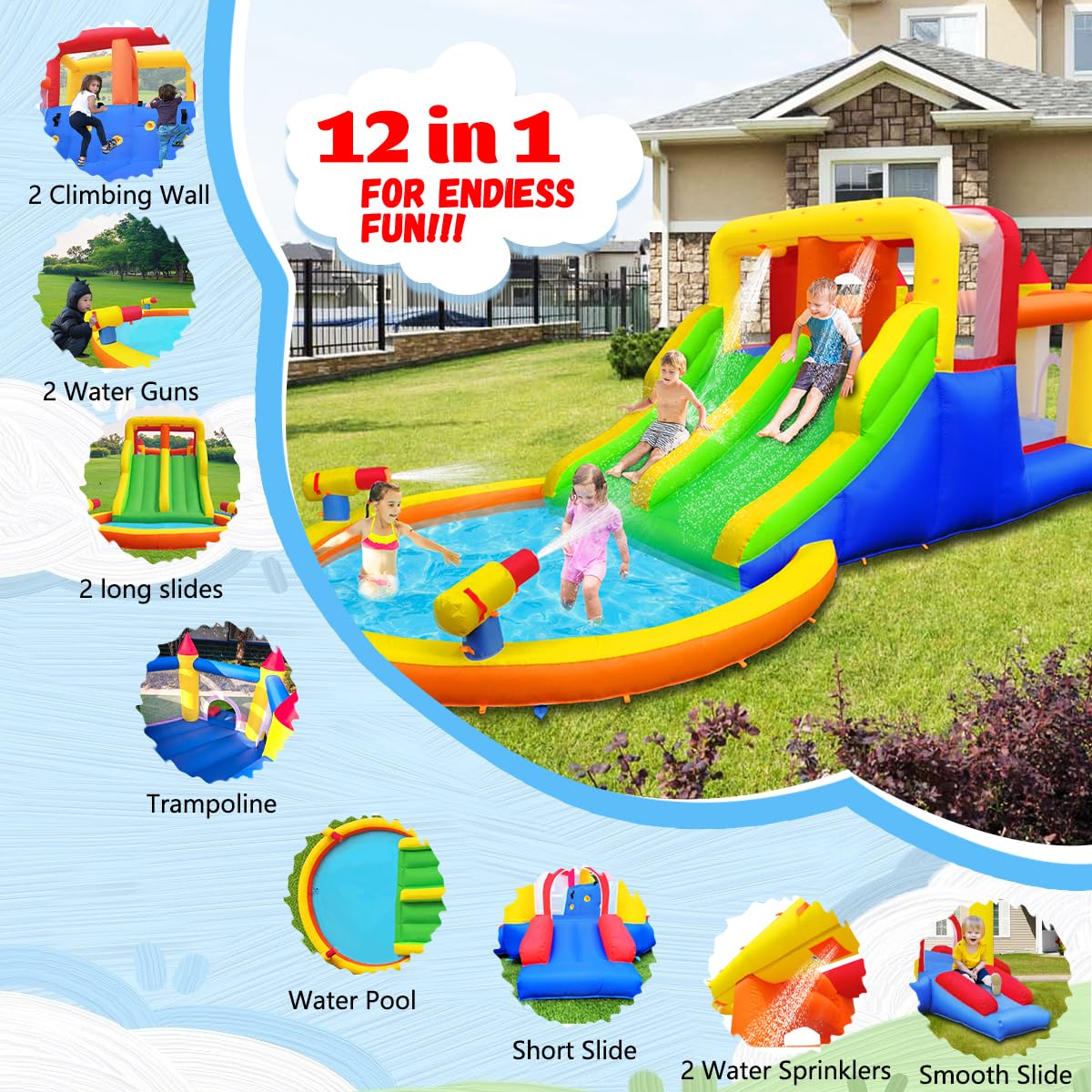 Inflatable Bounce House with 4 Slides & Large Splash Pool - Kids Water Park with Ultra-Wide Climbing Wall, Jumping Area, Water Cannons & Surprise Sprayers for Ages 3-10 (20.6'L x 9.6'W x 6.4'H) - Perfect for Backyard Birthday Parties, Summer Fun & Outdoor Family Activities