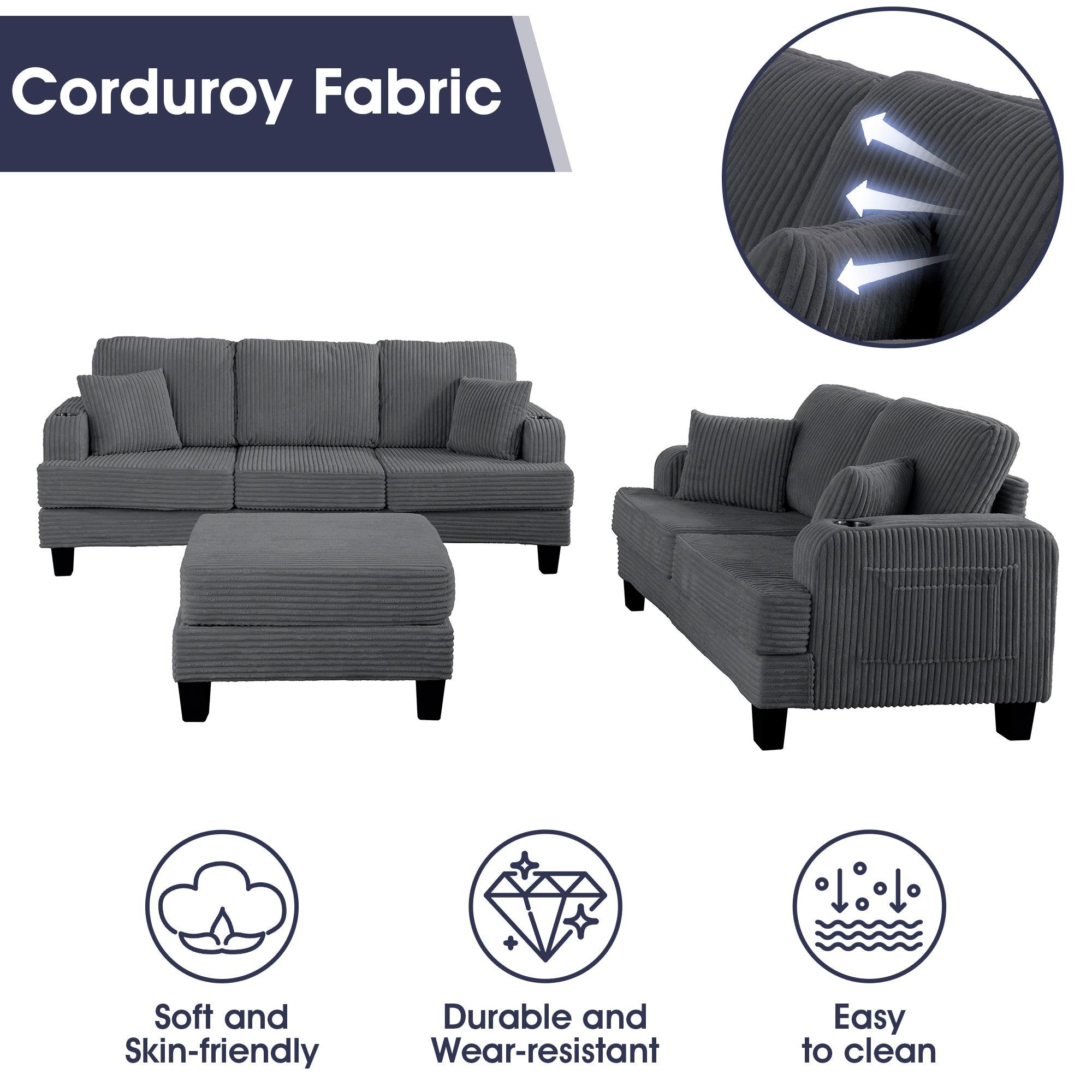 Dark Gray 3-Piece Sectional Sofa Set with Storage Ottoman - 3-Seater Couch & Loveseat with USB Charging Ports, Side Pockets & Throw Pillows - Modern Living Room Furniture for Small Spaces & Apartments - Perfect for Family Gatherings, Movie Nights & Home Office Lounging