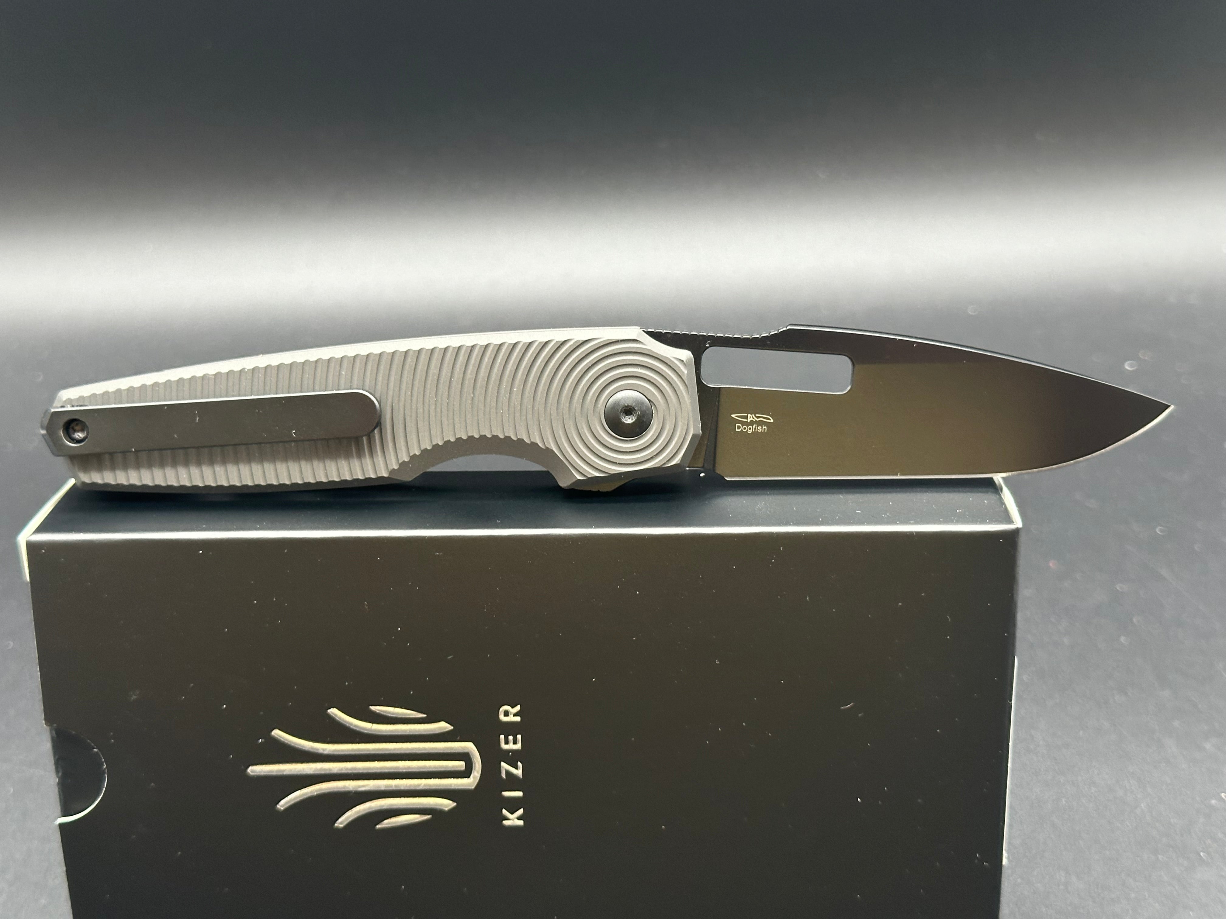 KIZER DOGFISH Button Lock Folding Knife - Black Aluminum Handle - EDC Pocket Knife for Camping, Hiking & Outdoor Activities