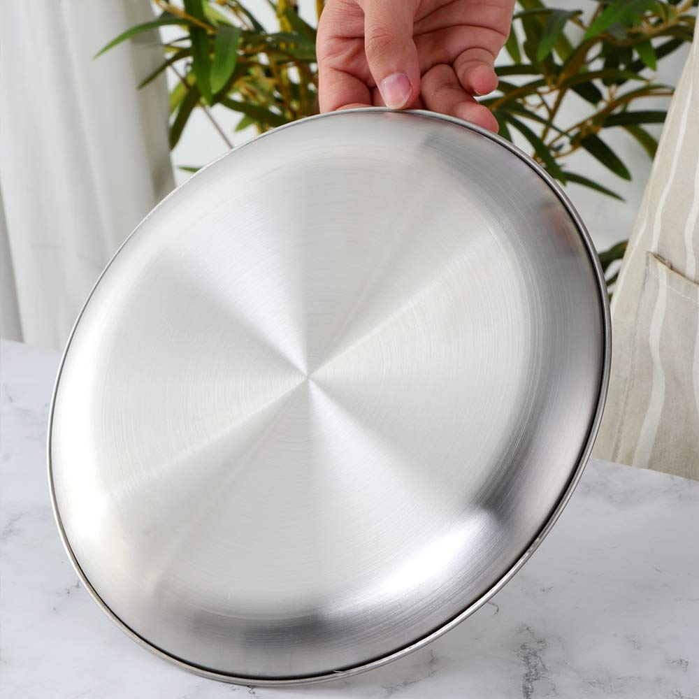 4-Piece Stainless Steel Dinner Plates Set - 9.1 Inch Colorful Metal Platters for Camping, Picnics & Outdoor Dining - Dishwasher Safe, Scratch-Resistant & Durable (Silver) - Perfect for BBQs, Parties & RV Trips