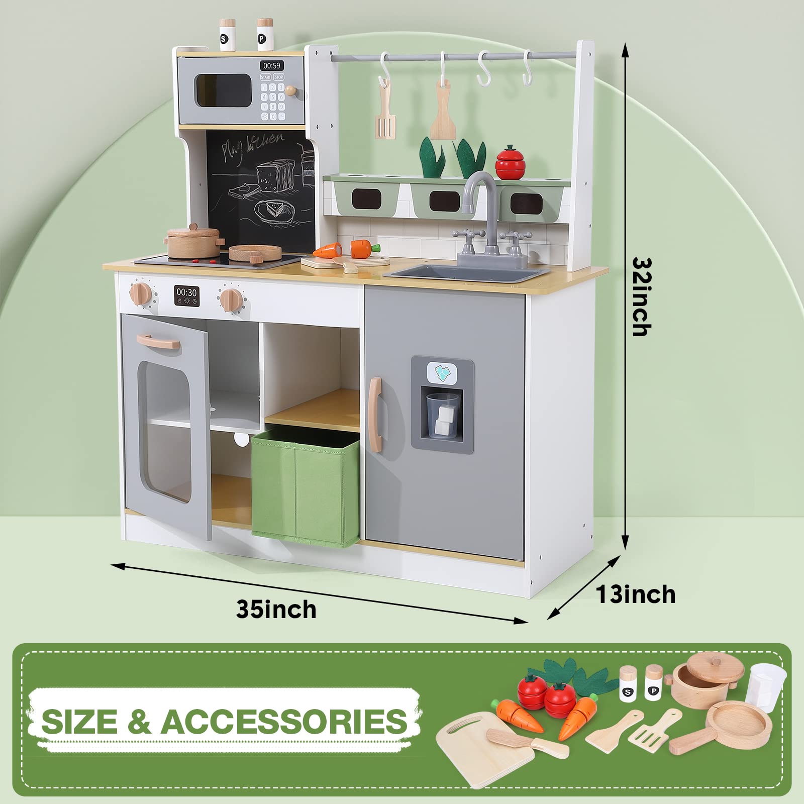 Bophy Wooden Farm & Kitchen Playset for Kids - Pretend Play Cooking Set with Cookware, Ice Maker, Chalkboard & Planter | Educational Toy for Toddlers & Preschoolers | Perfect for Indoor Play, Birthday Gifts & Role-Playing Games