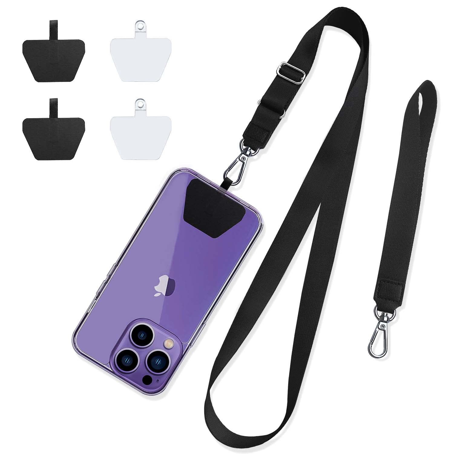Adjustable Phone Lanyard - 4 Pads Neck & Wrist Strap for Smartphones - Perfect for Work & Travel (Black)