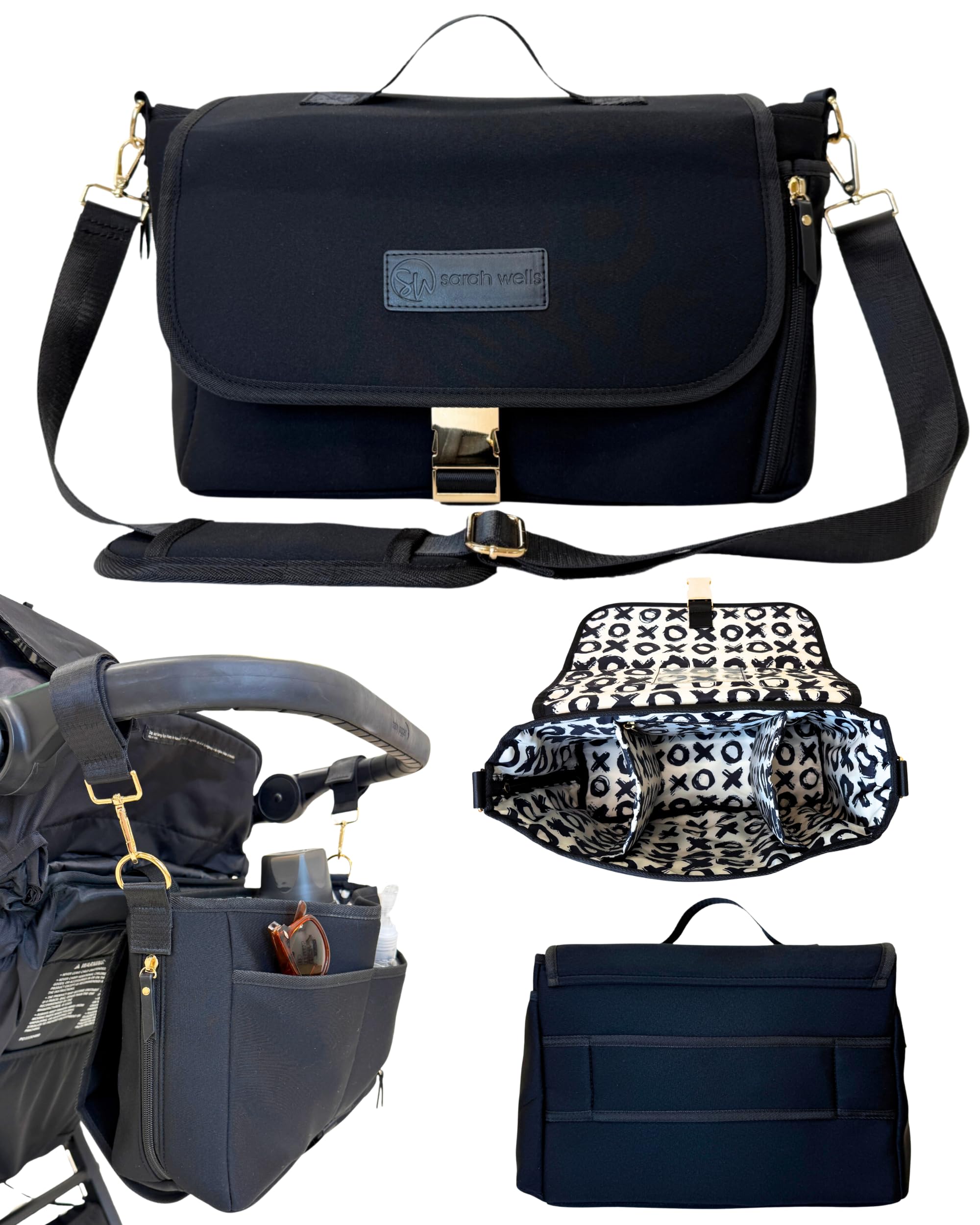 Sarah Wells Maddy Caddy Breast Pump Bag - Insulated Neoprene Diaper Bag with Stroller Caddy, Luggage Sleeve & Adjustable Pockets - Crossbody Pumping Bag for Working Moms (Black XOXO) - Perfect for Office, Travel and On-the-Go Breastfeeding