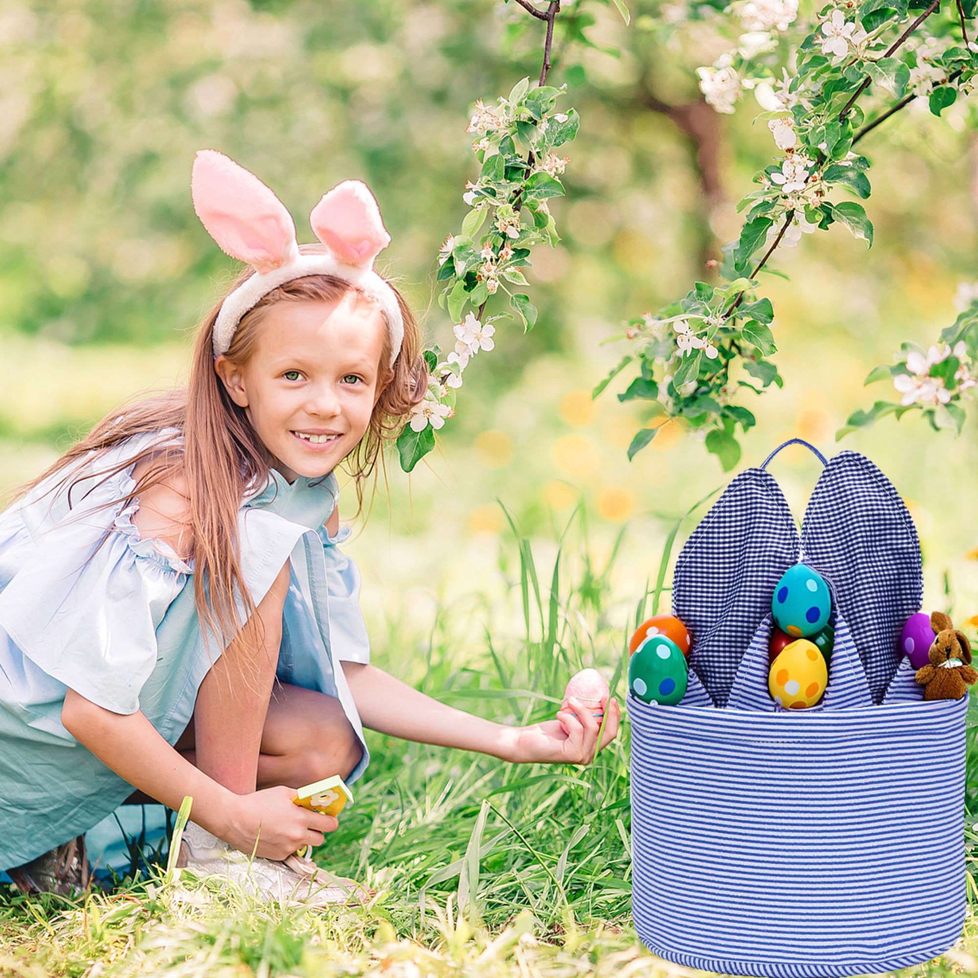 Easter Basket for Kids - Seersucker Bunny Baskets with Rabbit Ears for Egg Hunt, Candy Storage & Party Gifts | Personalized Easter Gift Idea for Boys & Girls | Perfect for Easter Celebrations, Egg Hunts & Holiday Decorations