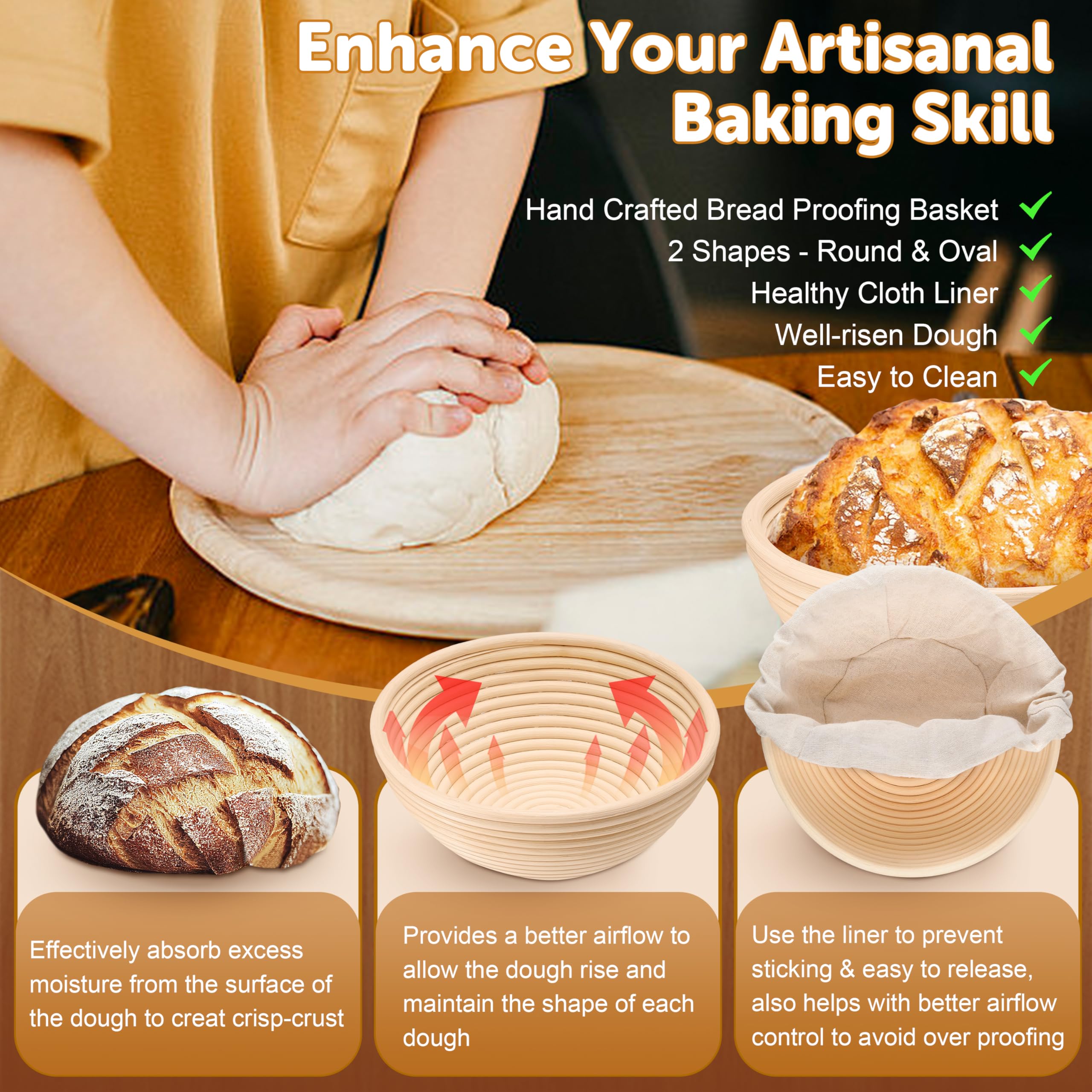 TeamFar 9” Round & 10” Oval Bread Proofing Basket Set with Liner - Sourdough Starter Kit for Artisan Bread Making (Includes Bread Lame, Whisk, Dough Scraper & Basting Brush) - Perfect for Home Bakers & Professional Bakeries