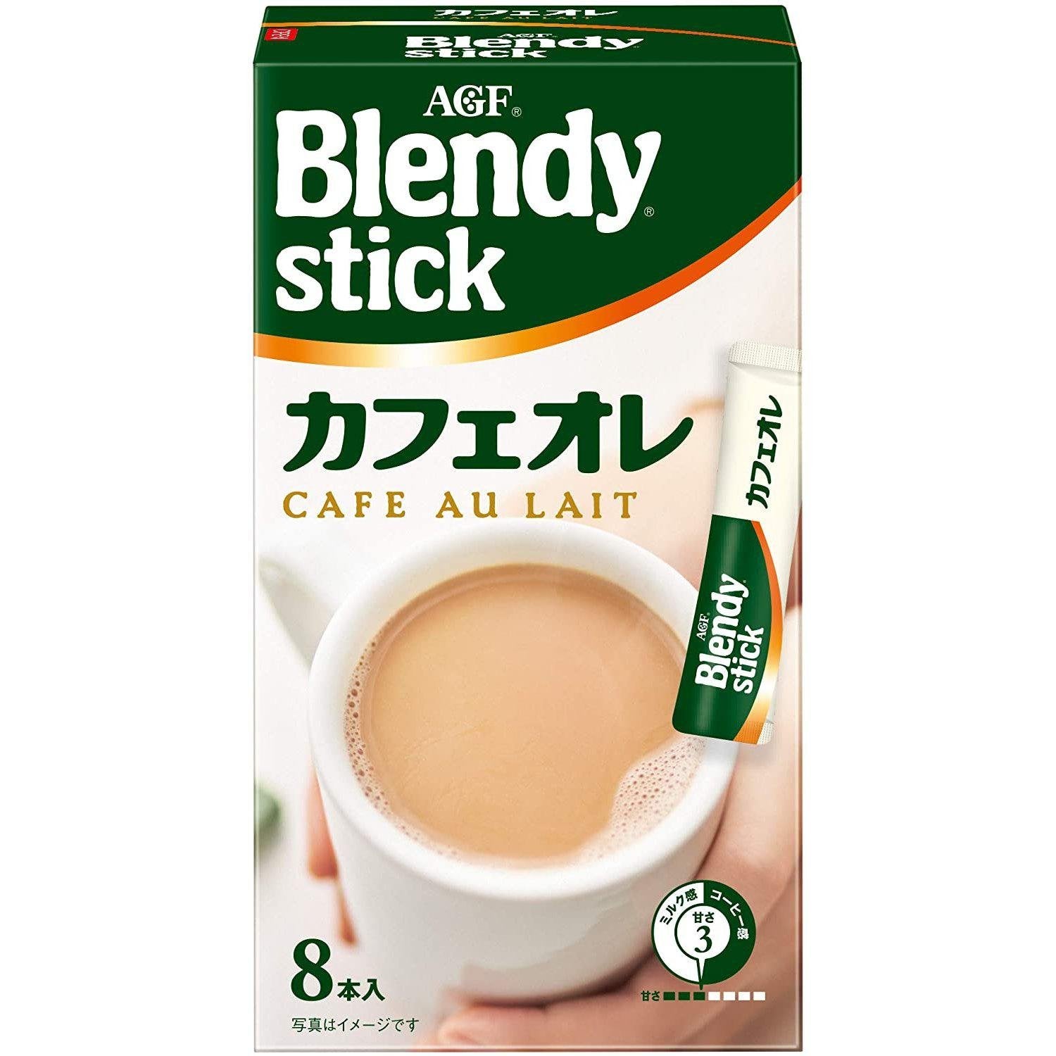 AGF Blendy Stick Cafe au Lait Instant Coffee with Milk - 8 Sticks Pack - Creamy & Rich Flavor - Perfect for Office, Travel & Quick Breakfast at Home