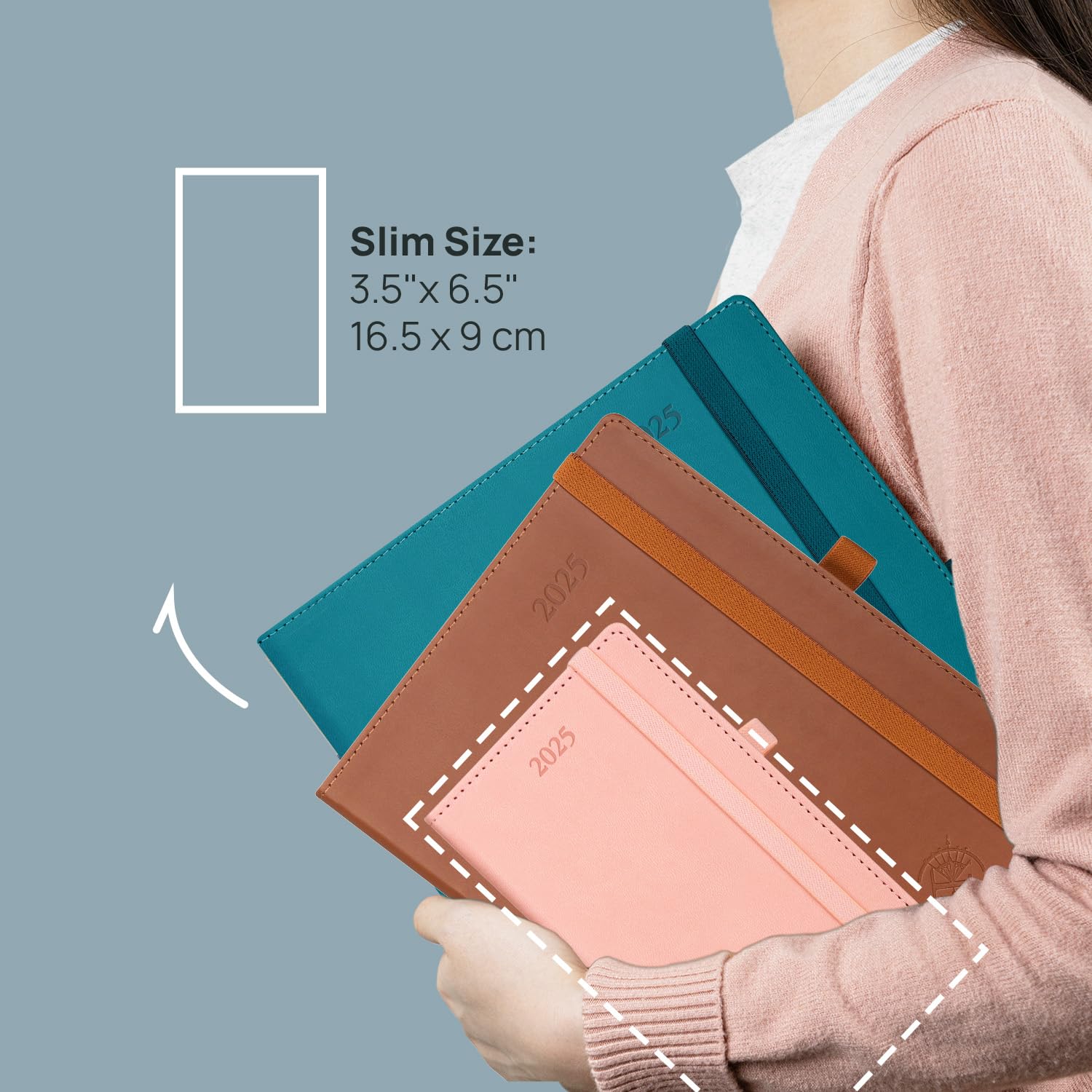 POPRUN Slim 2025 Pocket Diary - Weekly Planner with PU Leather Cover (16.5x9cm) - Small Work Planner with Inner Pocket - Pacific Green | Perfect for Business Meetings, School Scheduling & Personal Organization