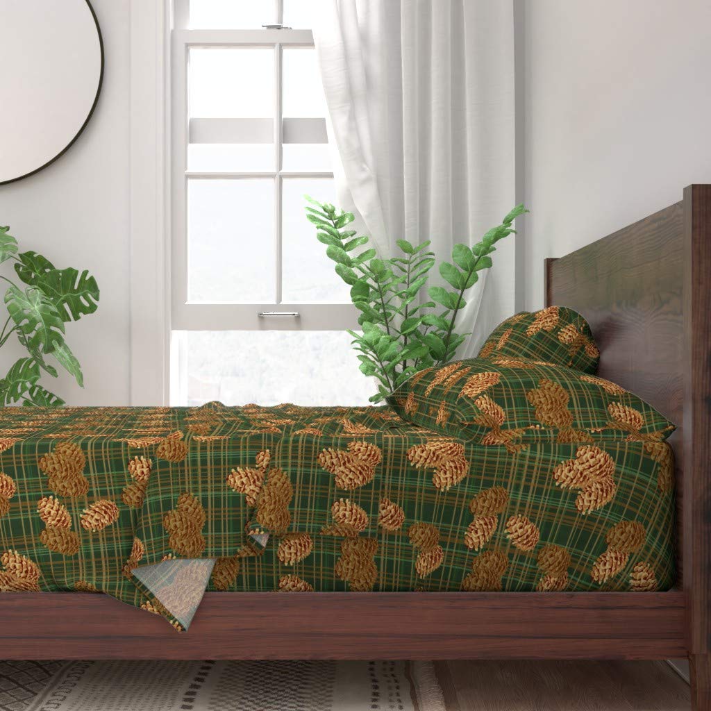 100% Cotton Twin Sheet Set 3pc - Pinecones Plaid Rustic Forest Print Bedding | Soft Breathable Sheets for Cozy Cabin, Lodge & Farmhouse Decor