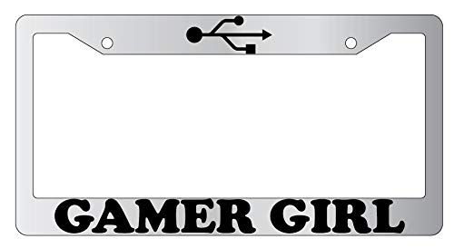 Gamer Girl Chrome Metal License Plate Frame - Custom Gaming Design for Cars & Trucks - Perfect for Gamers & Streamers