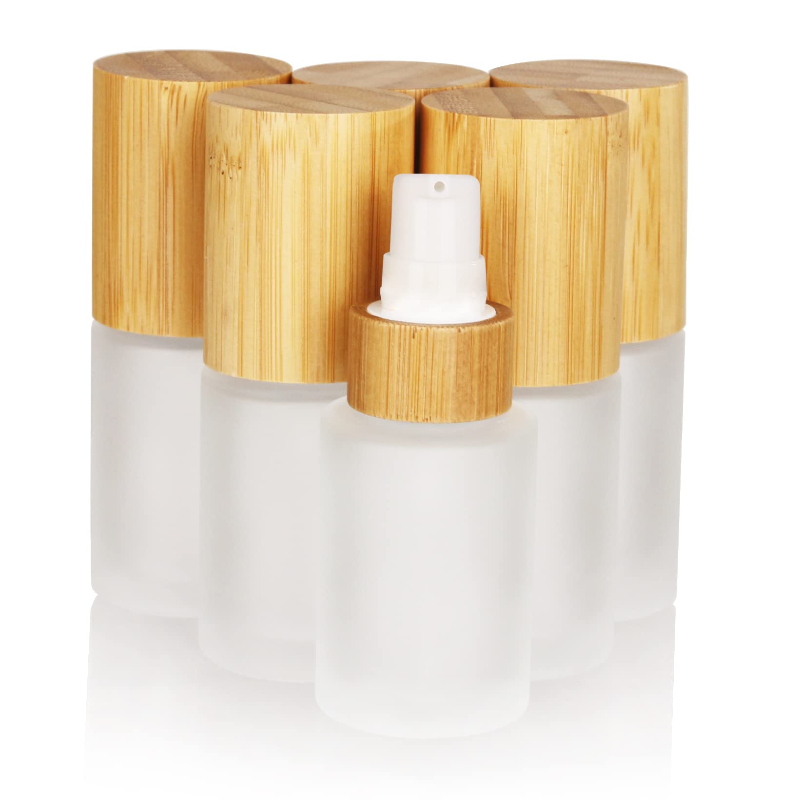 COSIDEA 6-Pack 1oz (30ml) Refillable Frosted Glass Bottles with Bamboo Lids & Pump Dispenser - Travel-Sized Cosmetic Containers for Lotion, Cream, Toiletries | Perfect for Skincare, Travel, DIY Beauty Products