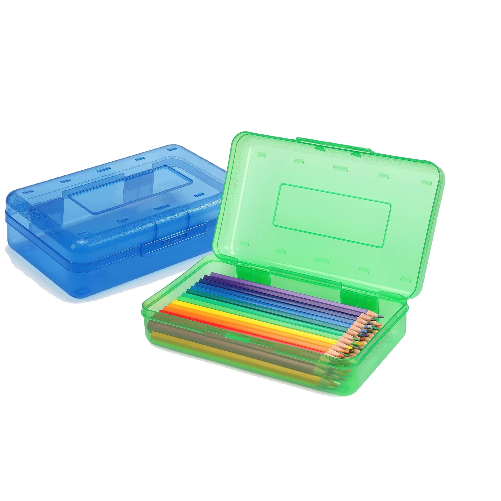 2-Pack Large Capacity Translucent Plastic Pencil Box for Kids - Snap Closure Clear Storage Box for Pens, Pencils, School & Office Supplies (Blue + Green) - Perfect for Classroom, Homework & Art Organization