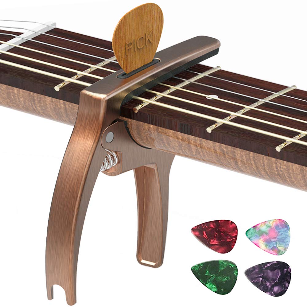 3 in 1 Guitar Capo for Acoustic & Electric Guitars with Storage Bag & Picks - Premium Bronze String Accessories - Perfect for Live Performances, Studio Recording & Practice Sessions