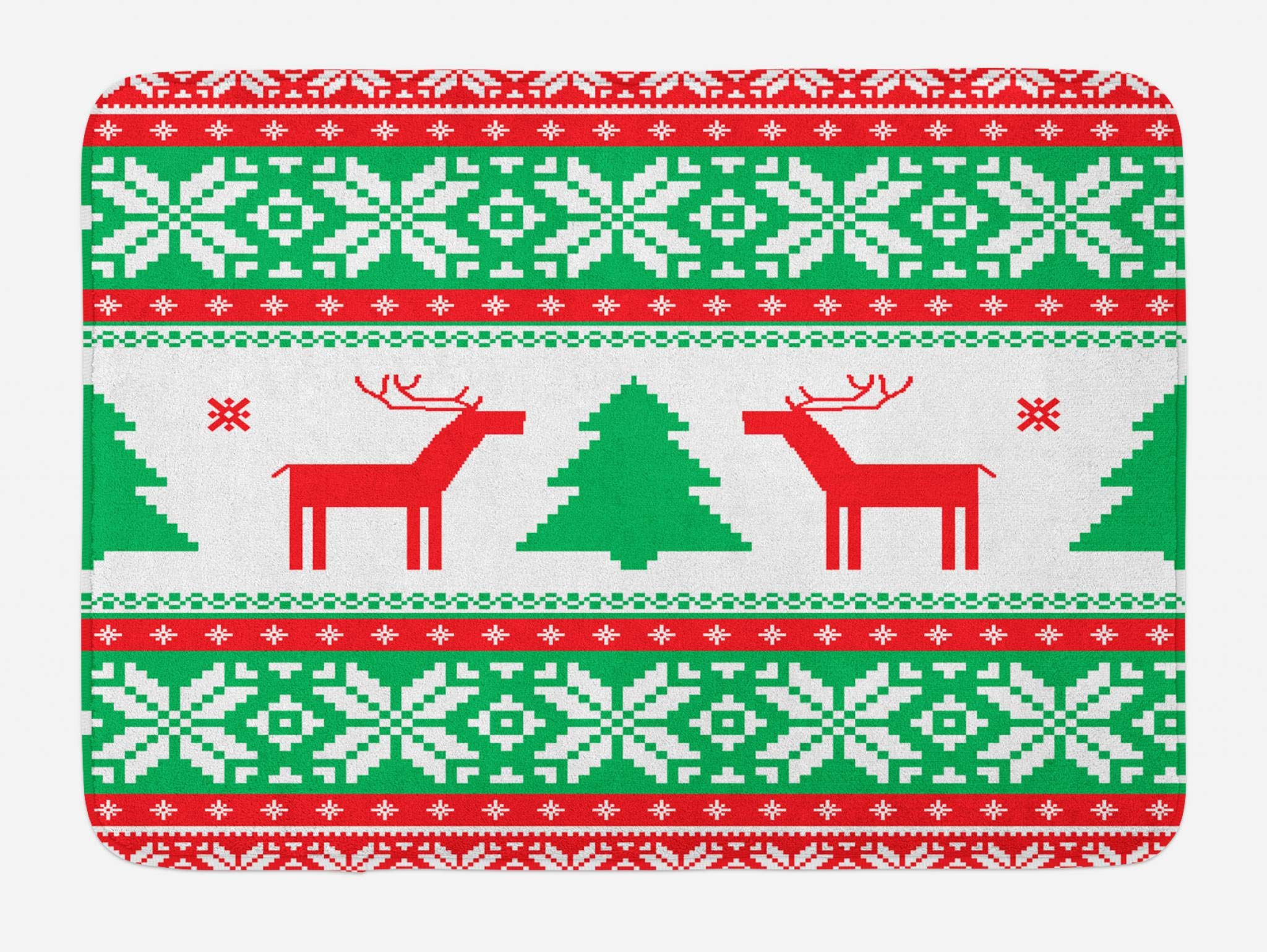 Ambesonne Christmas Bath Mat - Knit Style Reindeer, Star & Snowflake Holiday Design, Non-Slip Plush Bathroom Rug, 30.2 x 20 Inches, Red Green White - Perfect for Festive Home Decor & Cozy Winter Bathroom