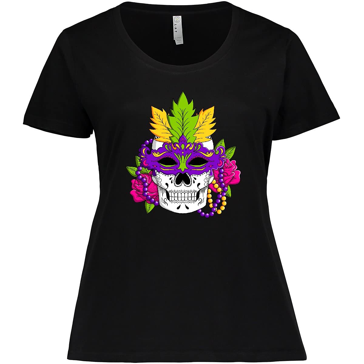 Inktastic Mardi Gras Skull with Masquerade Mask Women's Plus Size T-Shirt | Fun Festival & Party Outfit for Carnival, Halloween & Costume Events