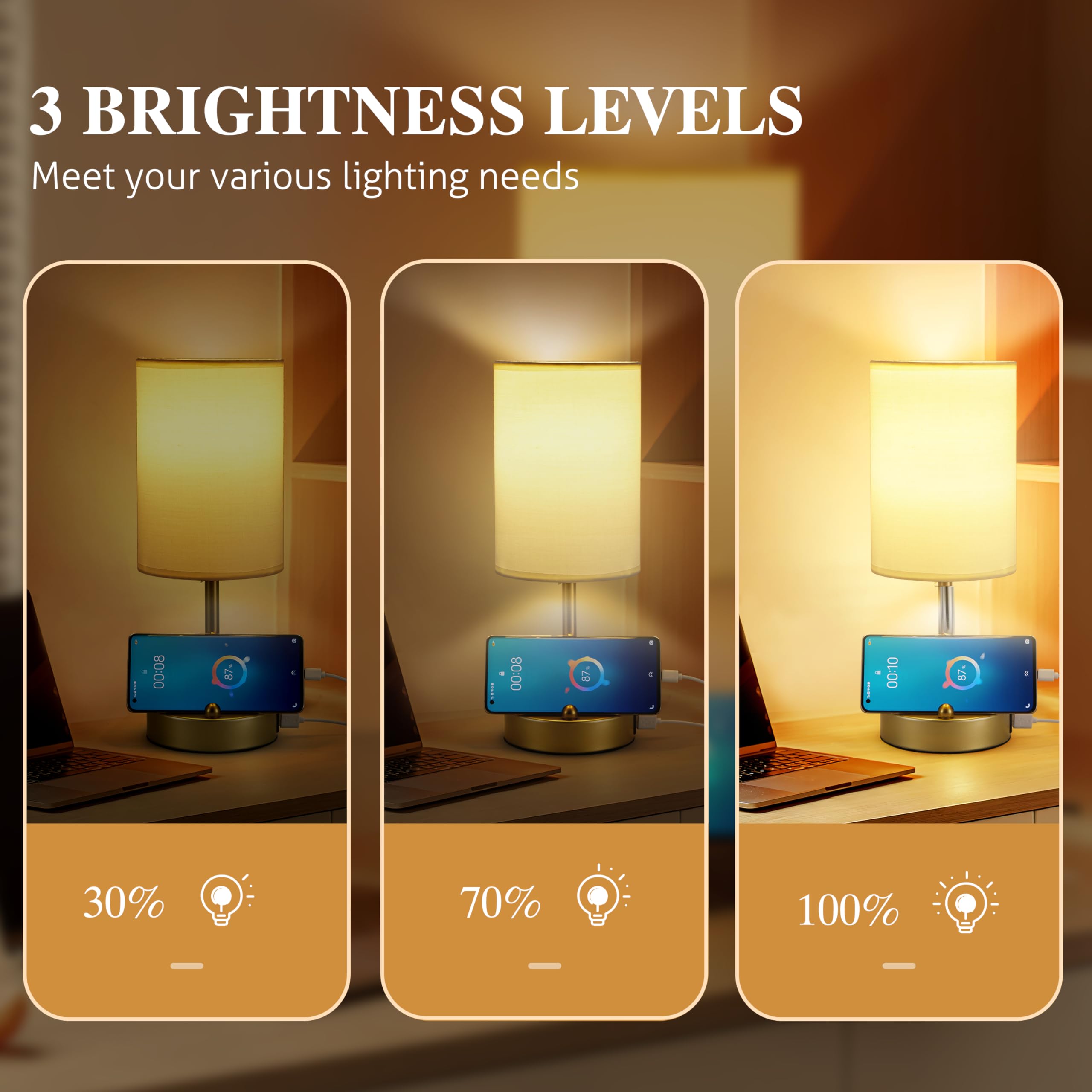 Briever Touch Control Table Lamp - 3-Way Dimmable Bedside Lamp with USB Charging Ports, Gold Phone Stand & Round Linen Shade (Bulb Included) | Perfect for Bedroom Nightstand, Home Office Desk & Reading Nook Lighting
