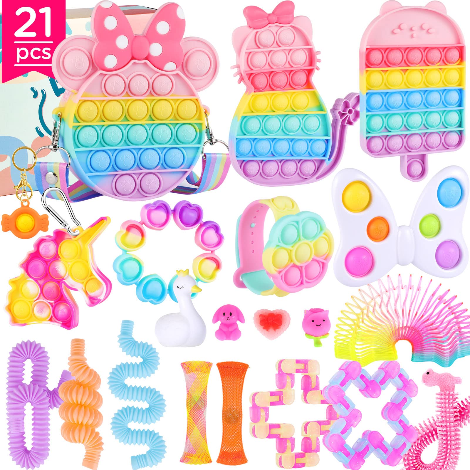 ASONA 21 PCS Fidget Toys Pack for Kids & Girls - Stress Relief Sensory Toys, Pop It Fidget Purse, Party Favors, Birthday Gifts, Goodie Bag Stuffers - Perfect for Autism, ADHD, Classroom Rewards and Pinata Fillers