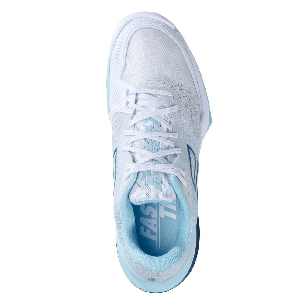 Babolat Jet Mach 3 AC Women's Tennis Shoes - Lightweight Performance Court Shoes for Women in White/Blue | Perfect for Competitive Matches & Training Sessions
