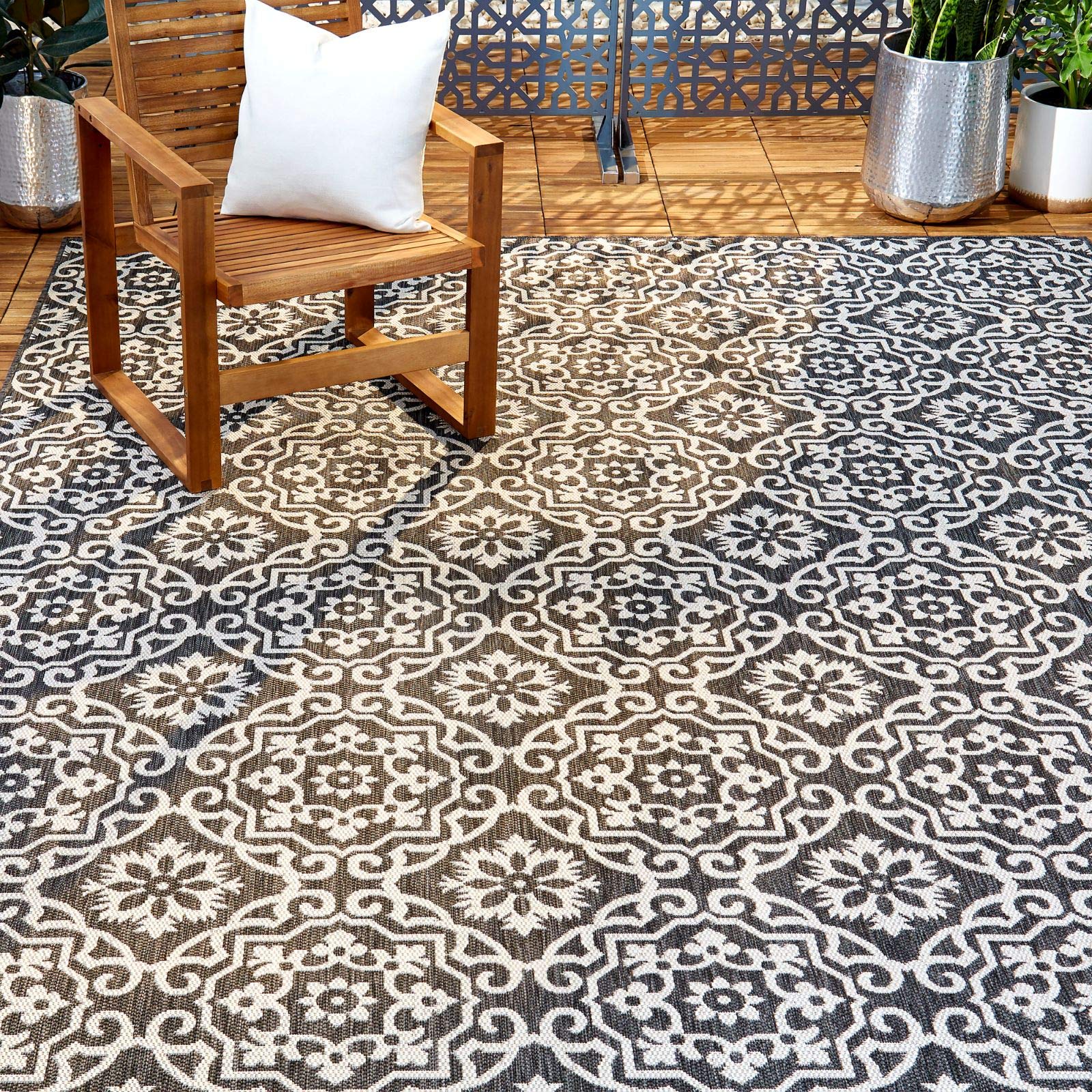 Nicole Miller New York Patio Country Danica Transitional Geometric Indoor/Outdoor Area Rug - Black & Grey - 7'9