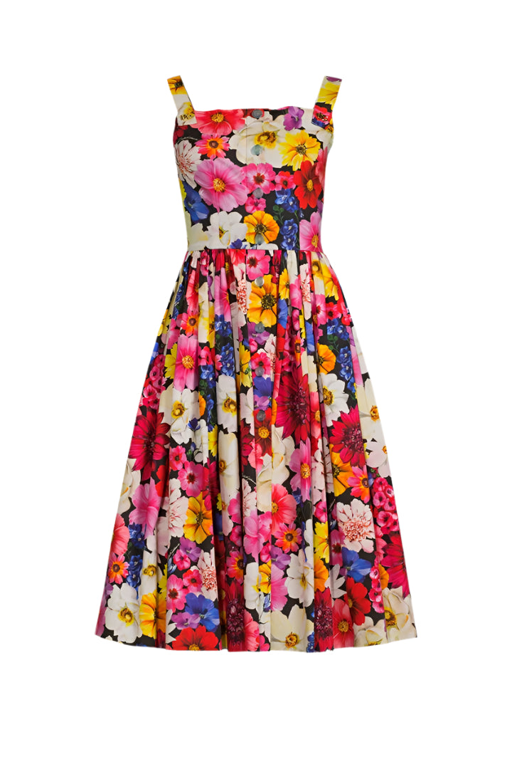 Stylish Cotton Poplin Midi Dress with Floral Garden Print - Perfect for Spring Outings & Summer Parties