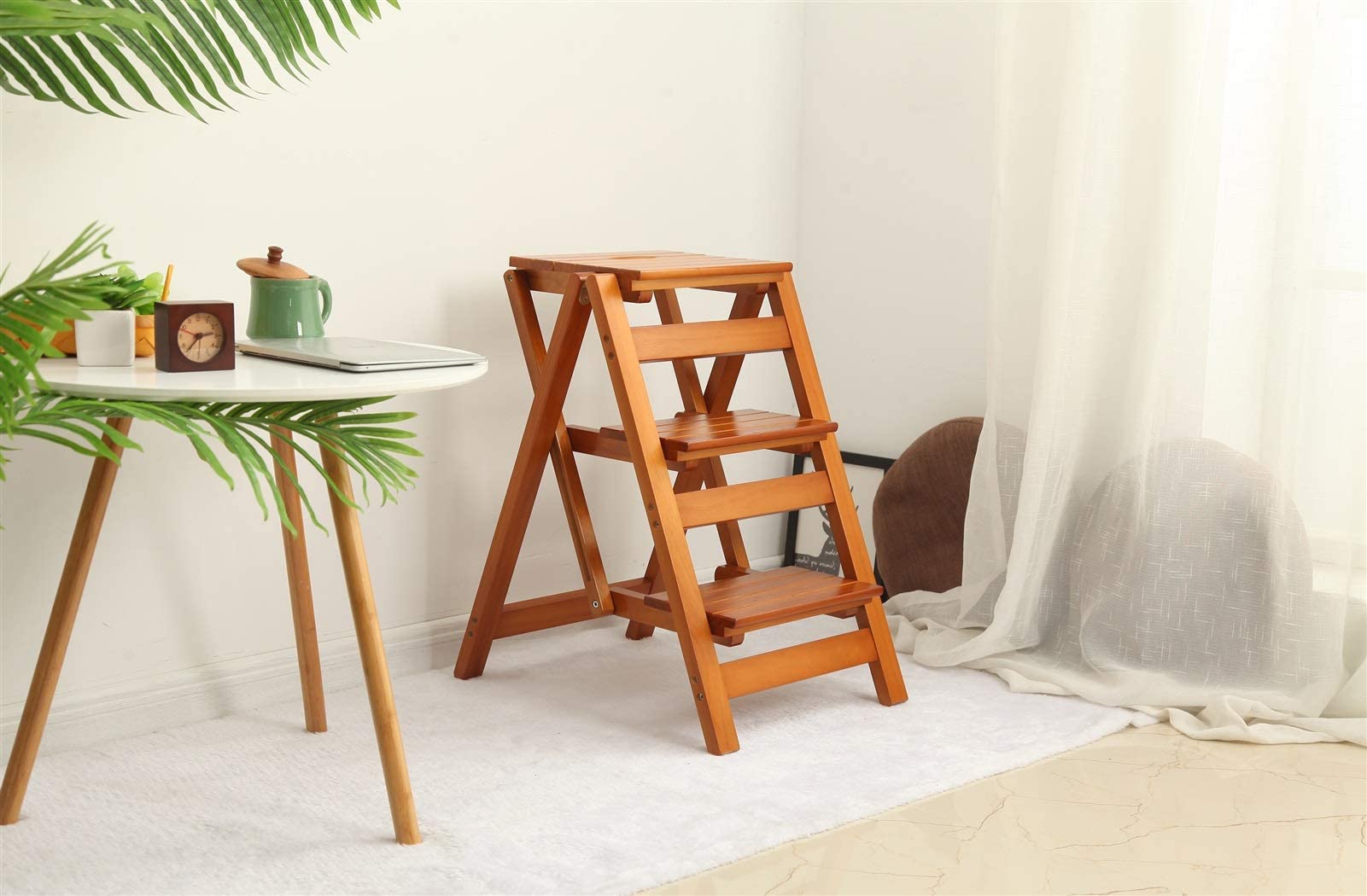 XHALERY 3-Step Folding Wooden Ladder Stool for Kitchen, Office & Home - Portable Multifunctional Step Stool with Non-Slip Cover - Perfect for Reaching High Shelves, Changing Light Bulbs & Home Organization