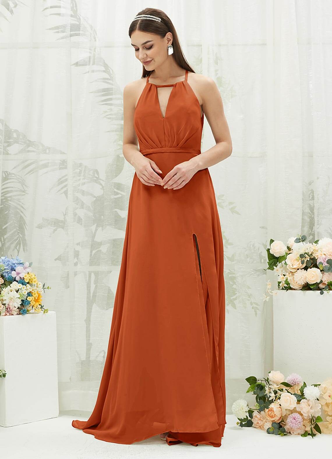 Elegant Burnt Orange Chiffon Halter Maxi Dress with V-Neck & Backless Design - Perfect for Bridesmaids, Beach Weddings & Summer Parties